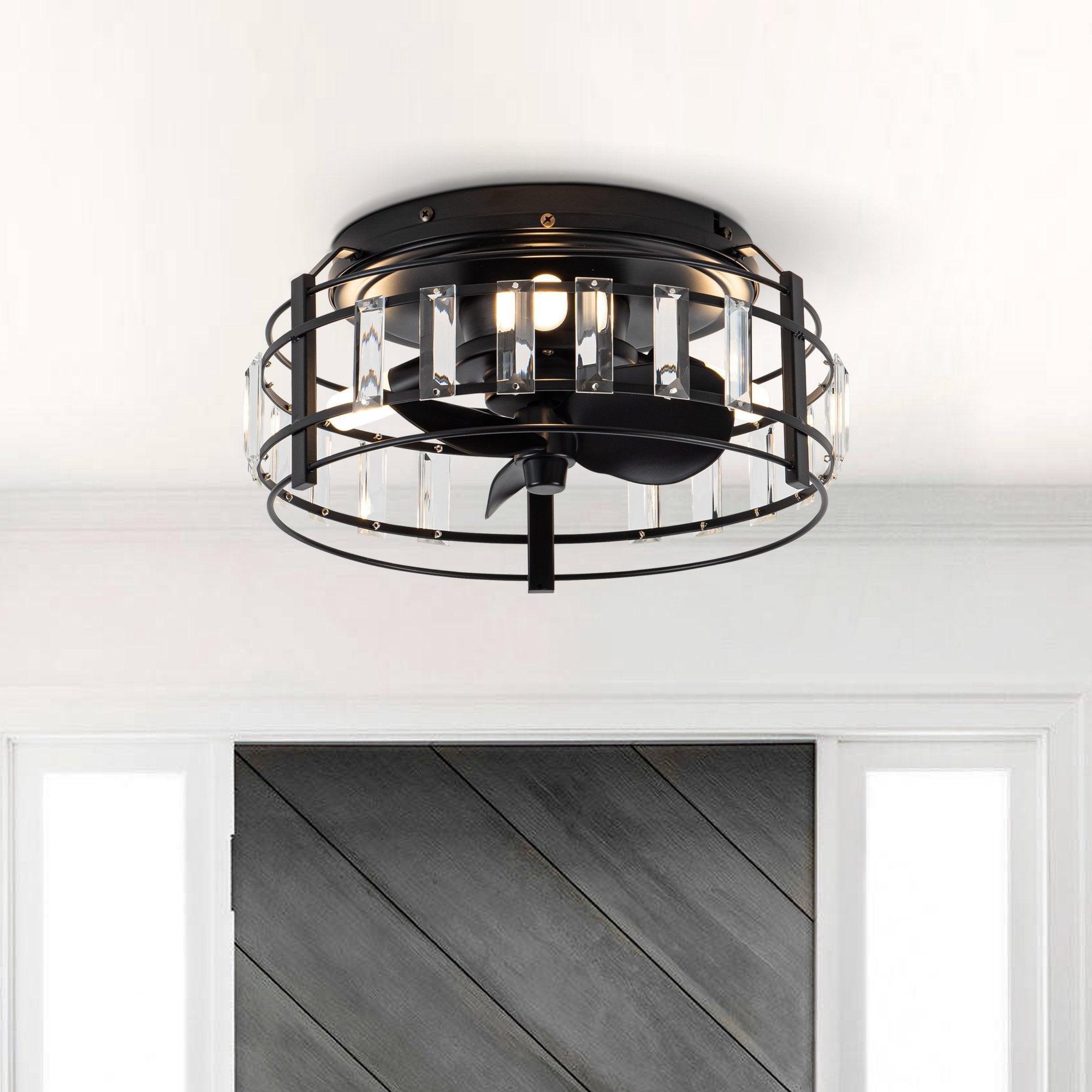13" Industrial DC Motor Flush Mount Reversible Crystal Ceiling Fan with Lighting and Remote Control - ParrotUncle
