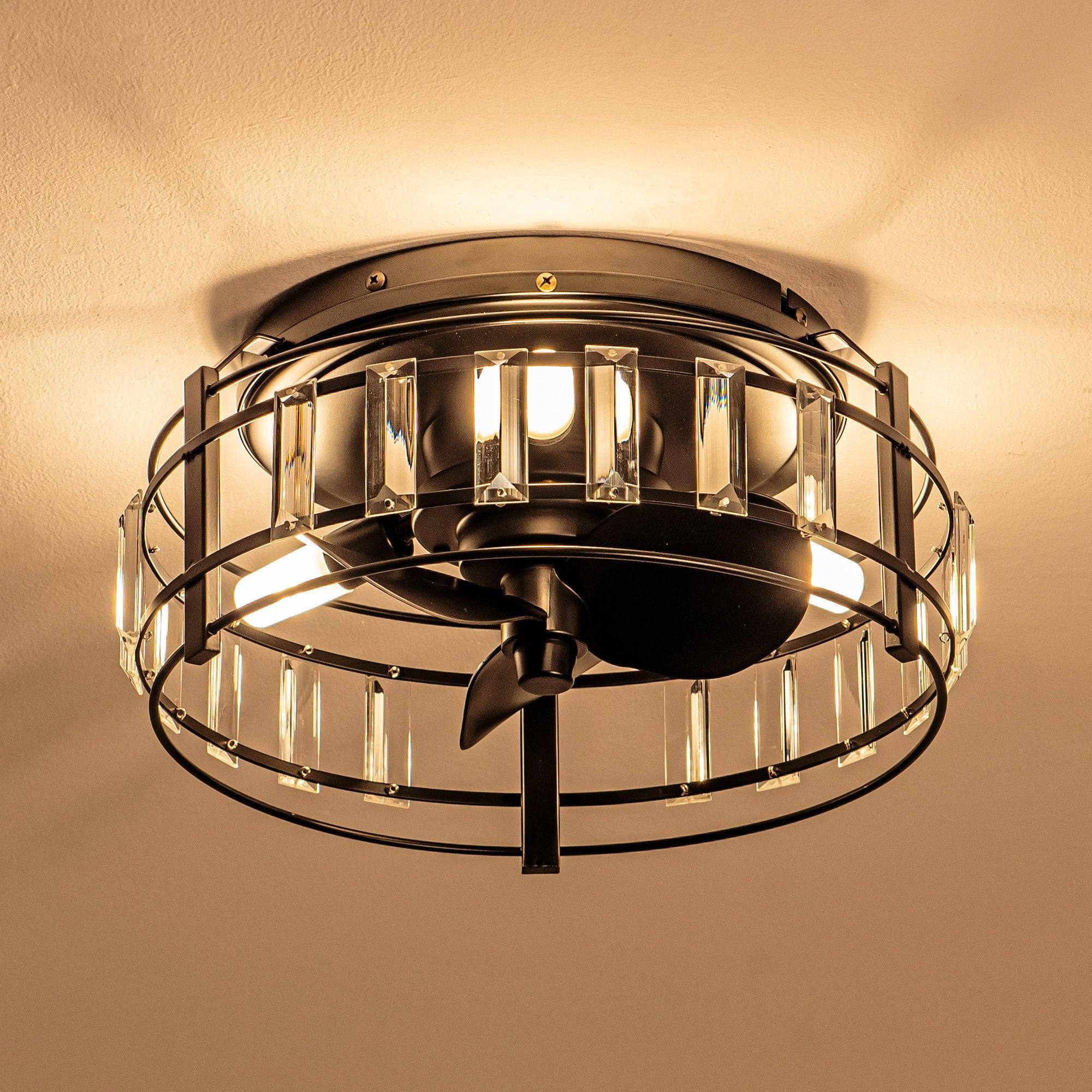 13" Industrial DC Motor Flush Mount Reversible Crystal Ceiling Fan with Lighting and Remote Control - ParrotUncle