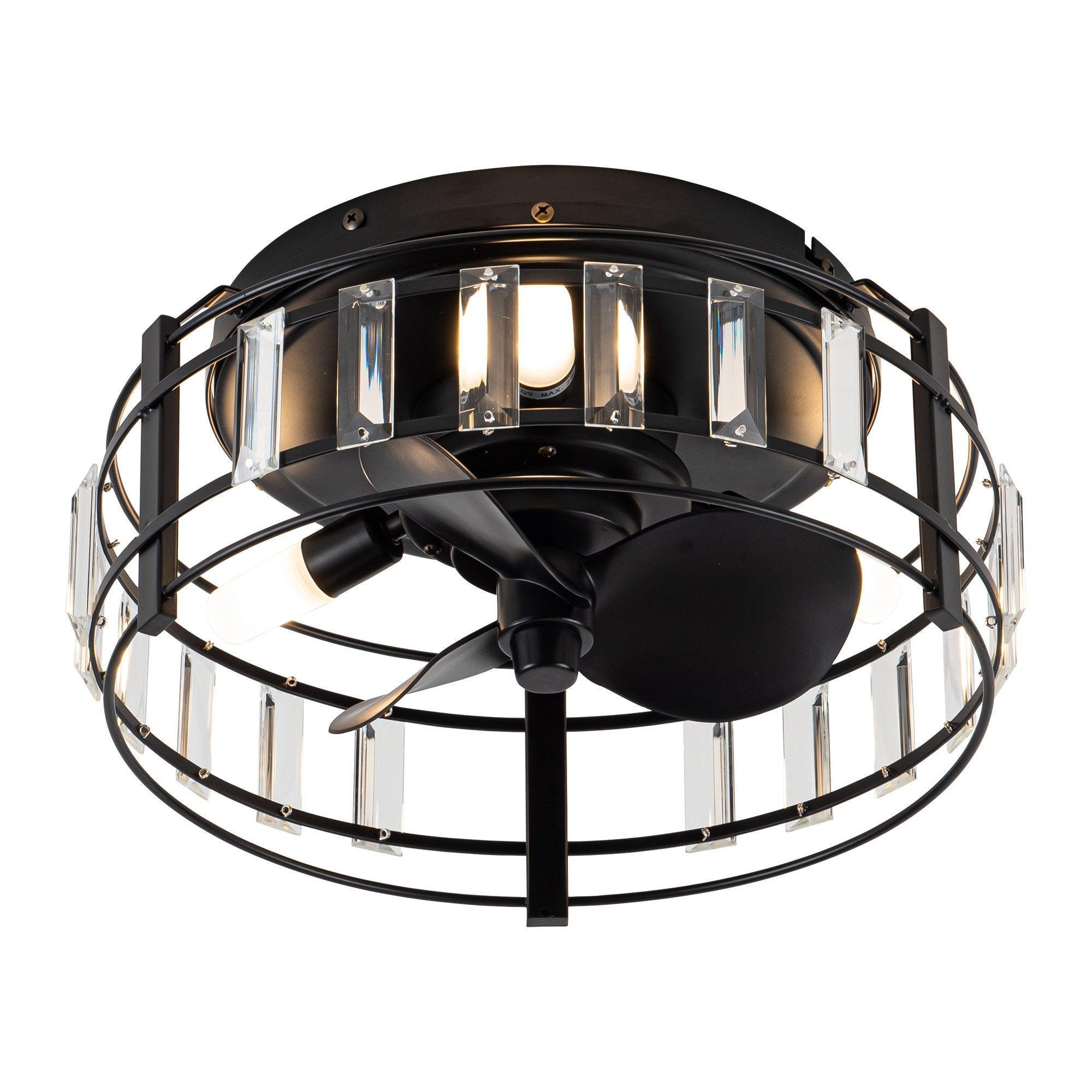 13" Industrial DC Motor Flush Mount Reversible Crystal Ceiling Fan with Lighting and Remote Control - ParrotUncle