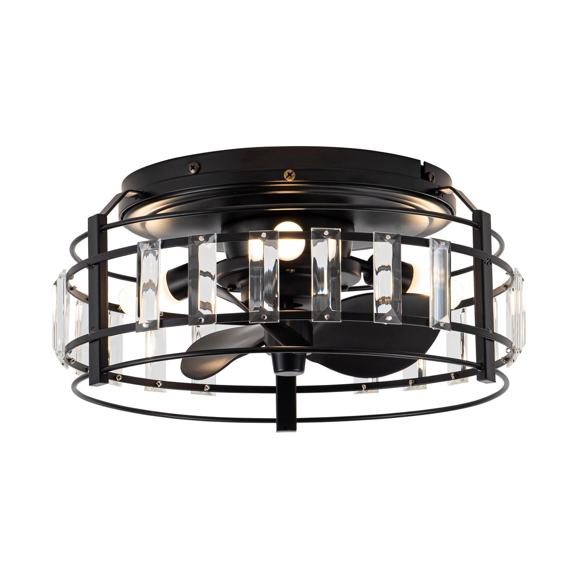 13" Industrial DC Motor Flush Mount Reversible Crystal Ceiling Fan with Lighting and Remote Control - ParrotUncle
