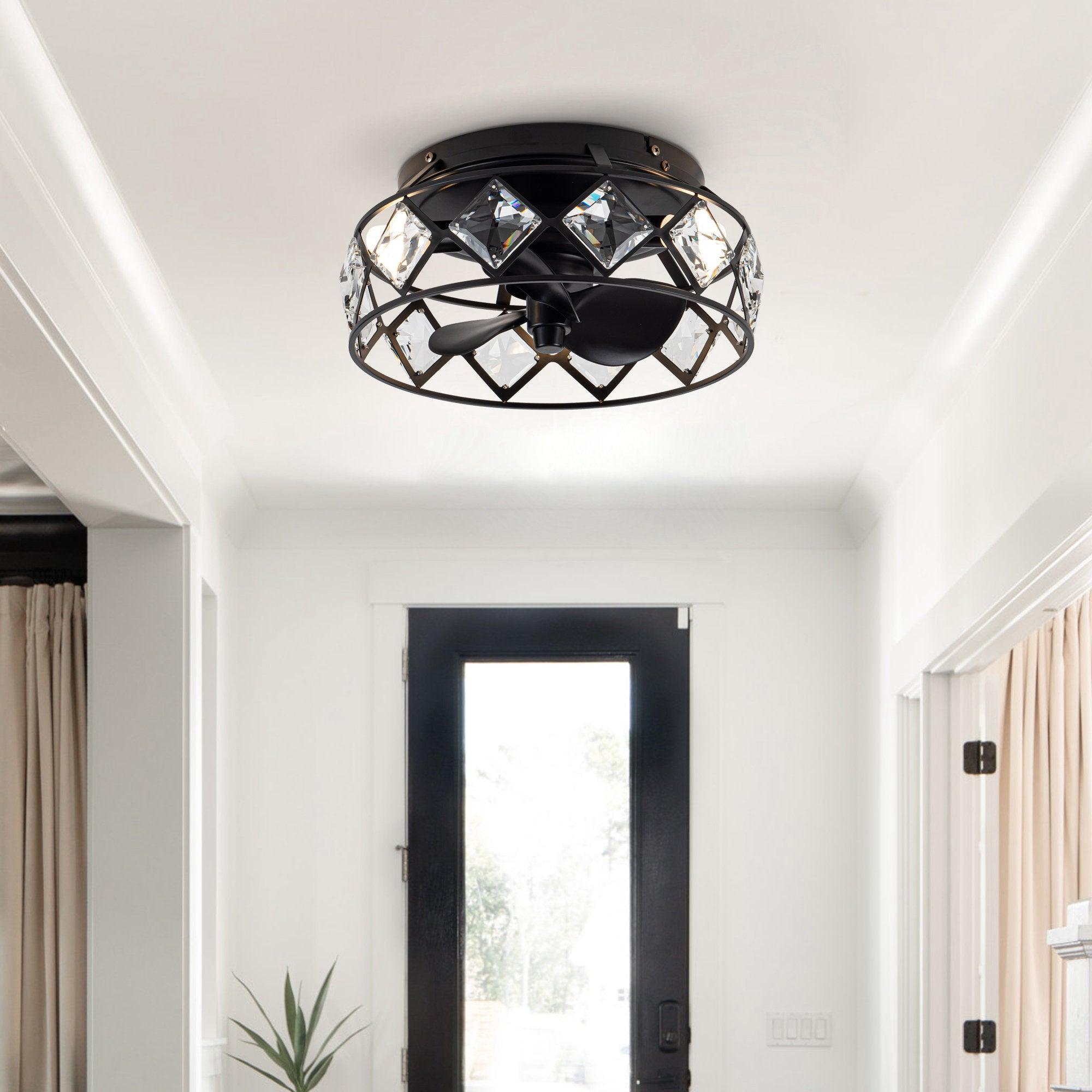 13" Srinager Industrial DC Motor Flush Mount Reversible Crystal Ceiling Fan with Lighting and Remote Control - ParrotUncle