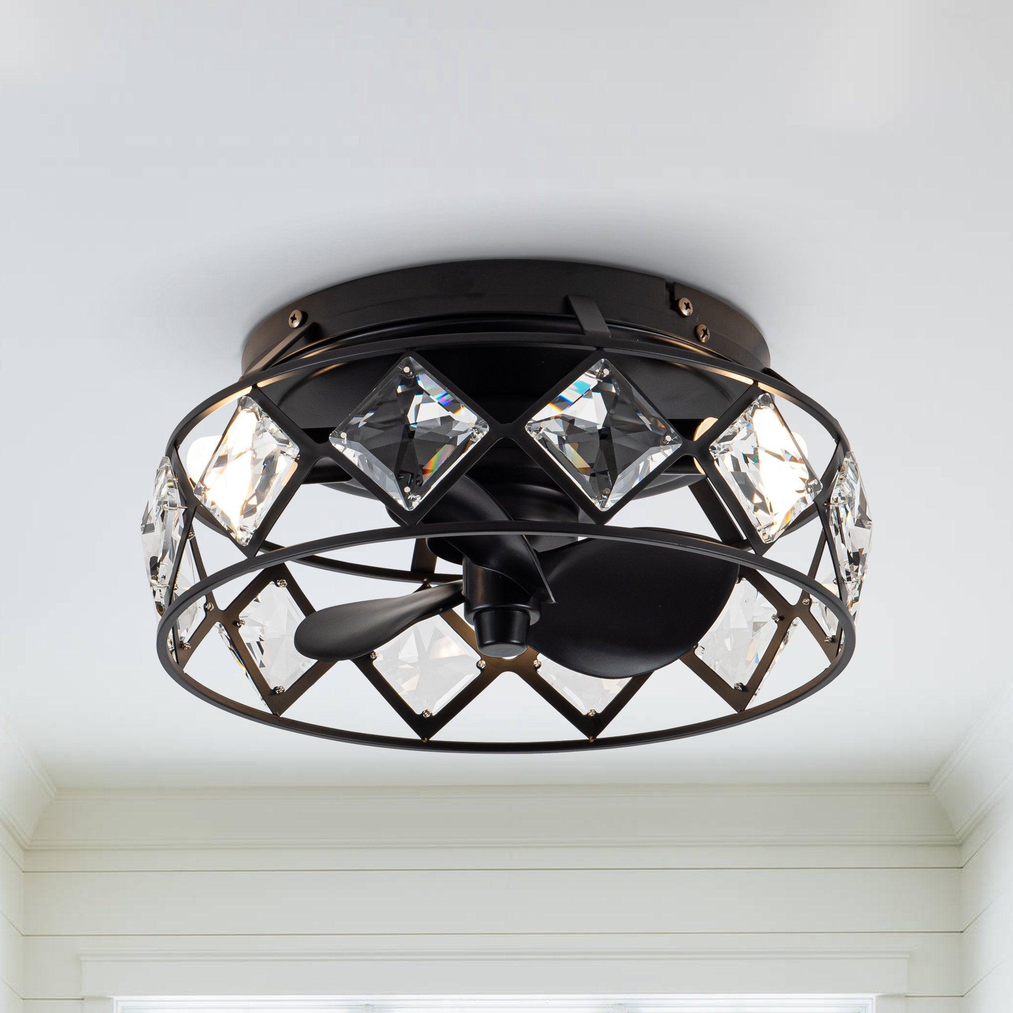 13" Srinager Industrial DC Motor Flush Mount Reversible Crystal Ceiling Fan with Lighting and Remote Control - ParrotUncle