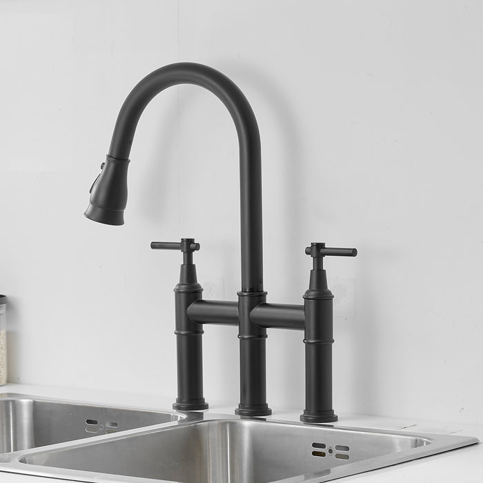 8" Black Two-handle Bridge Kitchen Faucet