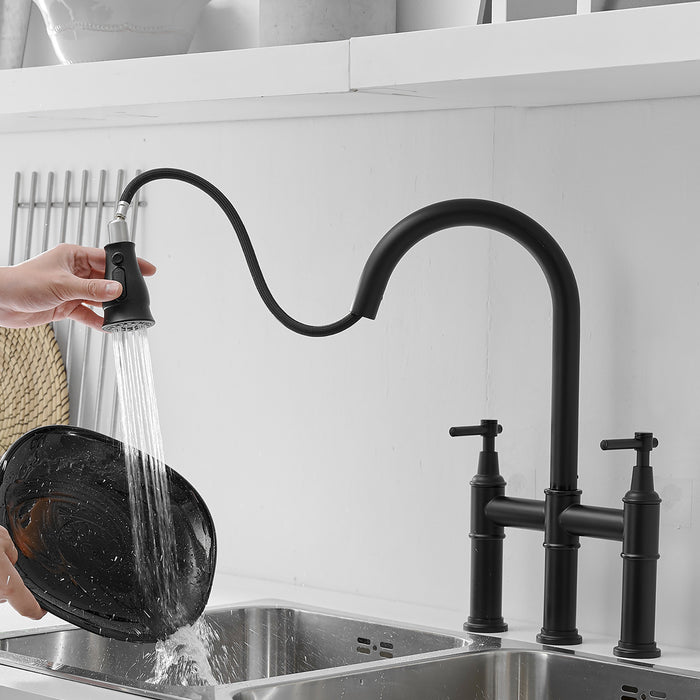 8" Black Two-handle Bridge Kitchen Faucet