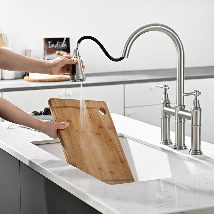 8" Two-handle Bridge Kitchen Faucet in Black & Brush Nickel
