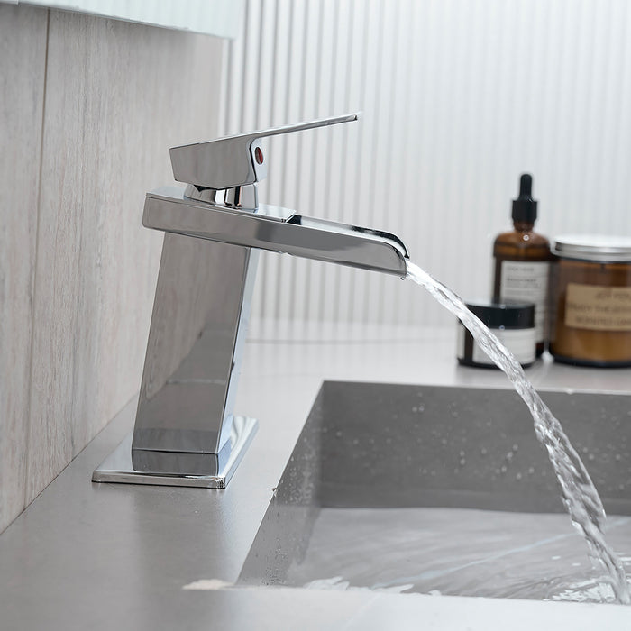Single-Handle Single-Hole 304 Stainless Steel Waterfall Bathroom Faucet with Base Plate