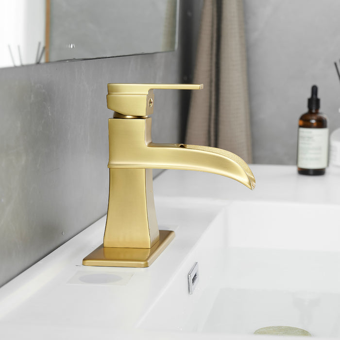 Waterfall Bathroom Sink Faucet Brass Bathroom Faucet One Handle Single Hole with Pop-Up Drain Hoses and Deck Plate