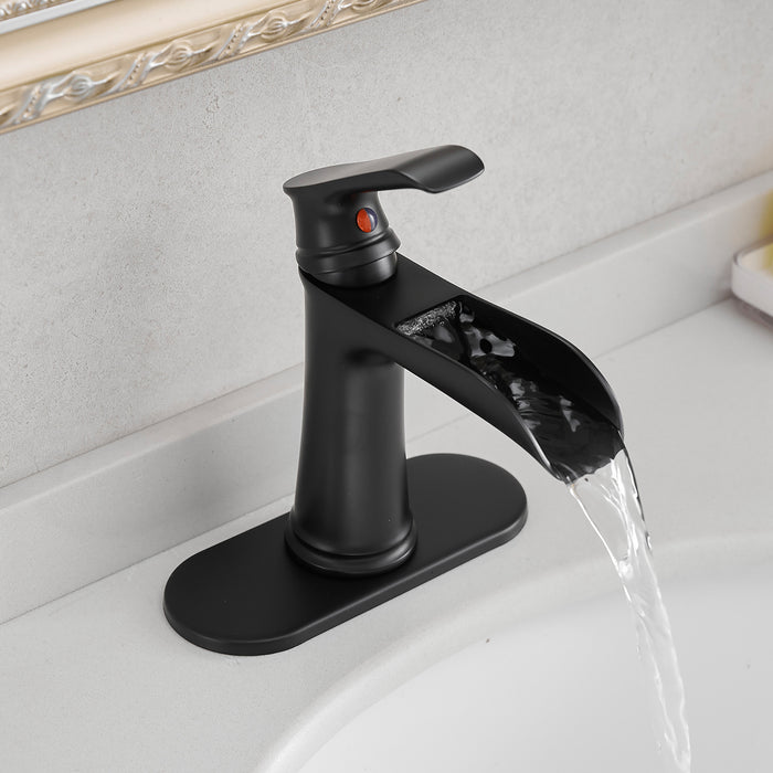 Single Handle Single Hole Waterfall Bathroom Faucets with Pop up Drain and Base Plate