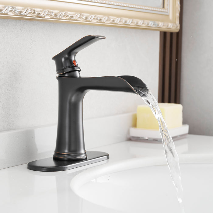 Single Handle Single Hole Waterfall Bathroom Faucets with Pop up Drain and Base Plate
