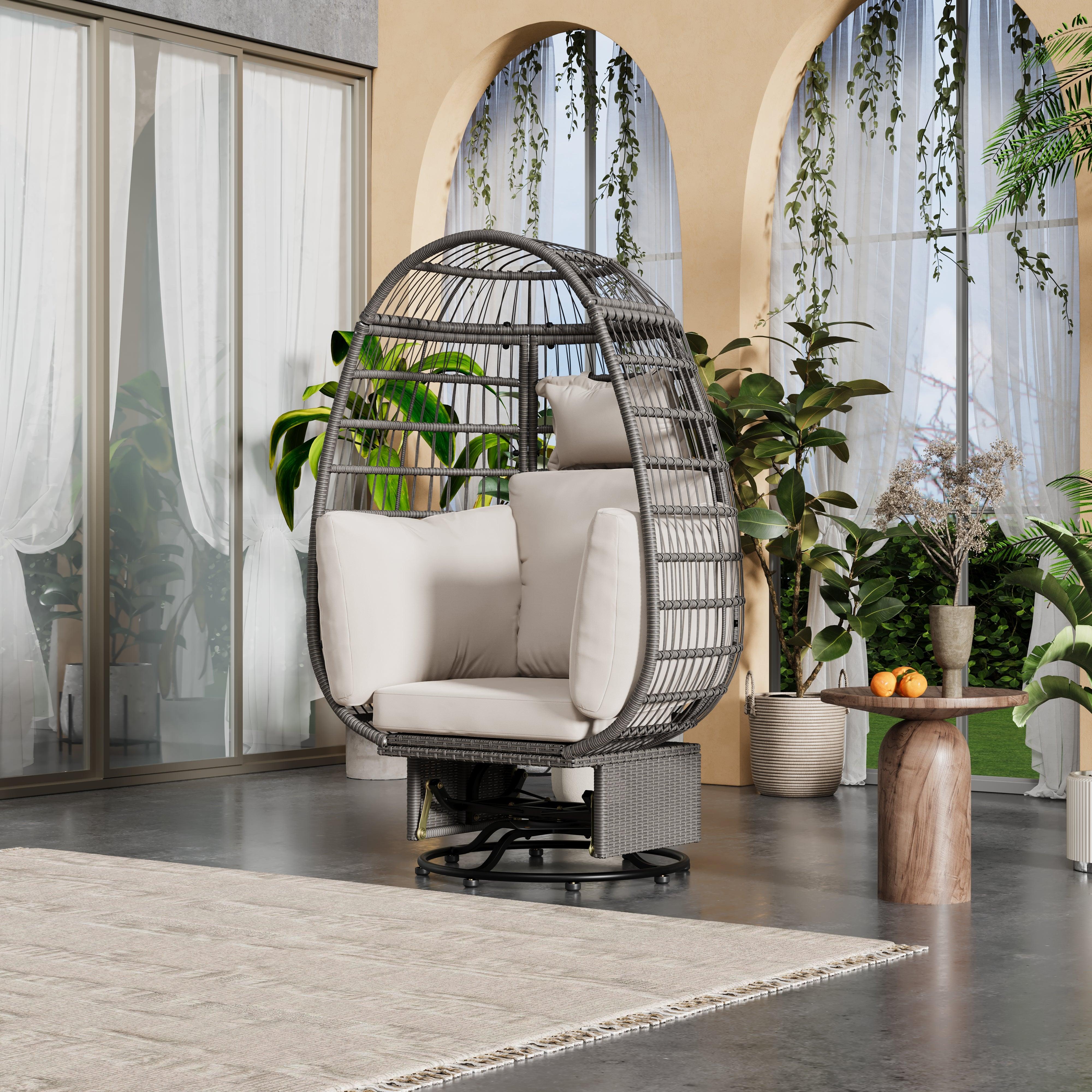 Silla giratoria de exterior con cojines, silla de ratán con forma de huevo y función de balanceo para balcón, piscina y jardín.
