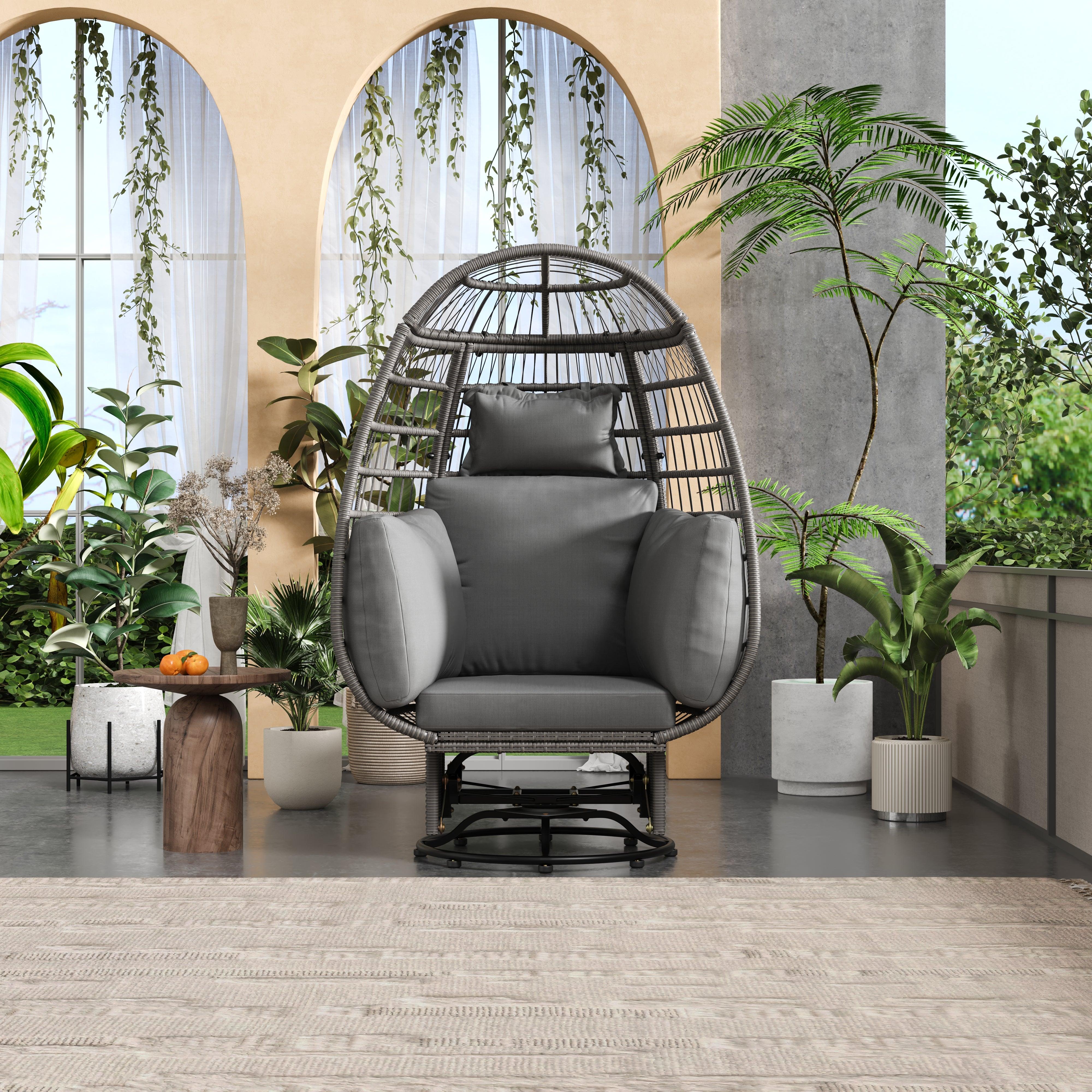 Silla giratoria de exterior con cojines, silla de ratán con forma de huevo y función de balanceo para balcón, piscina y jardín.