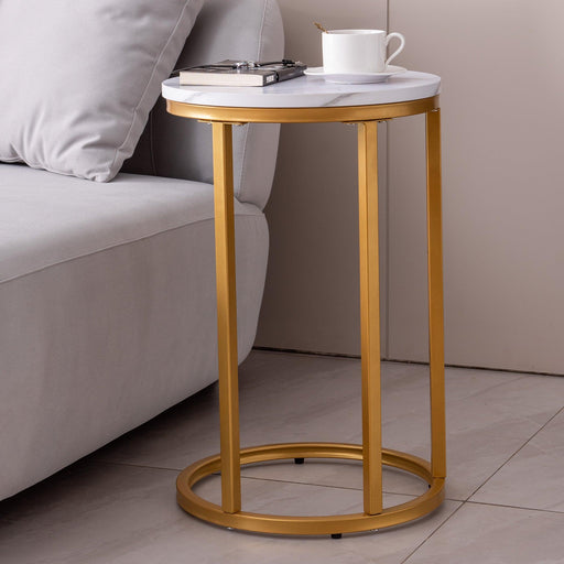 15.75" Modern Golden C-shaped End/Side Table Metal Frame with Round Marble Color Top - ParrotUncle