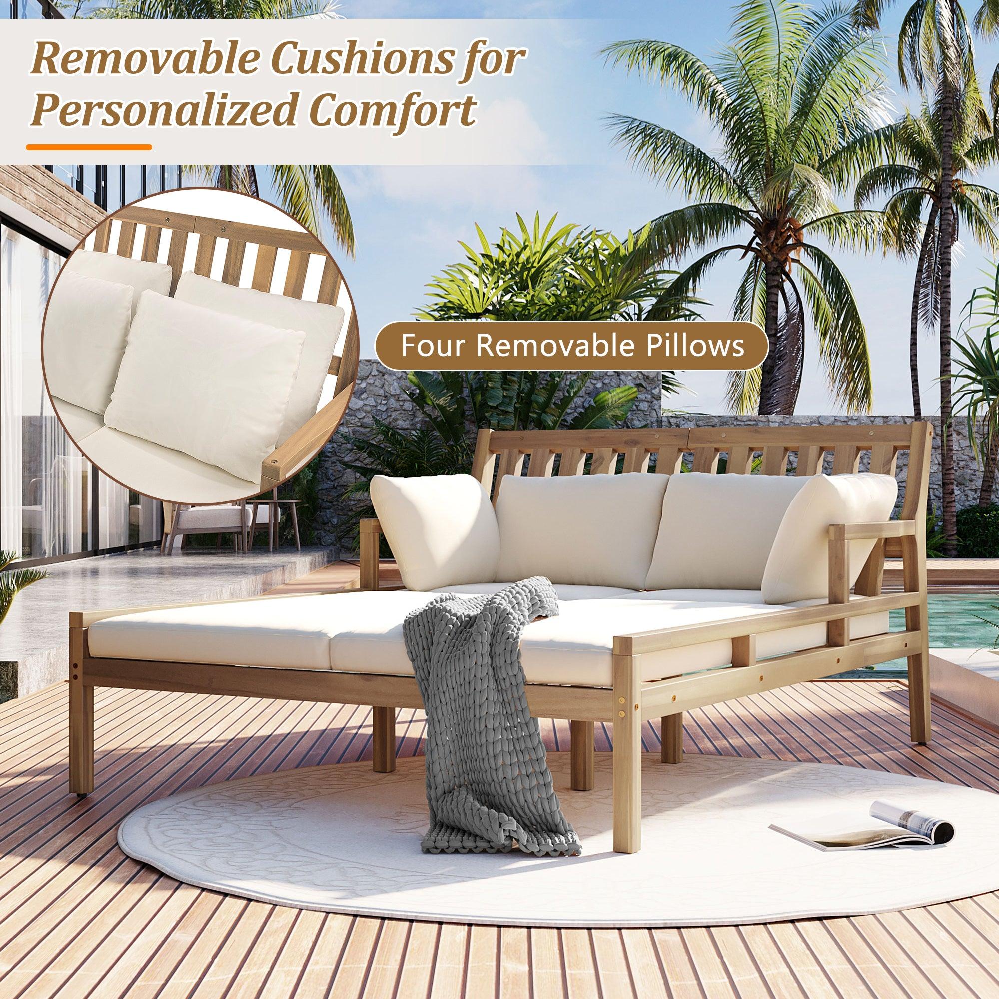 Cama de día para exterior, cama de día para patio con cuatro almohadas, cama de madera para exterior con reposabrazos curvos para piscina, patio y jardín.