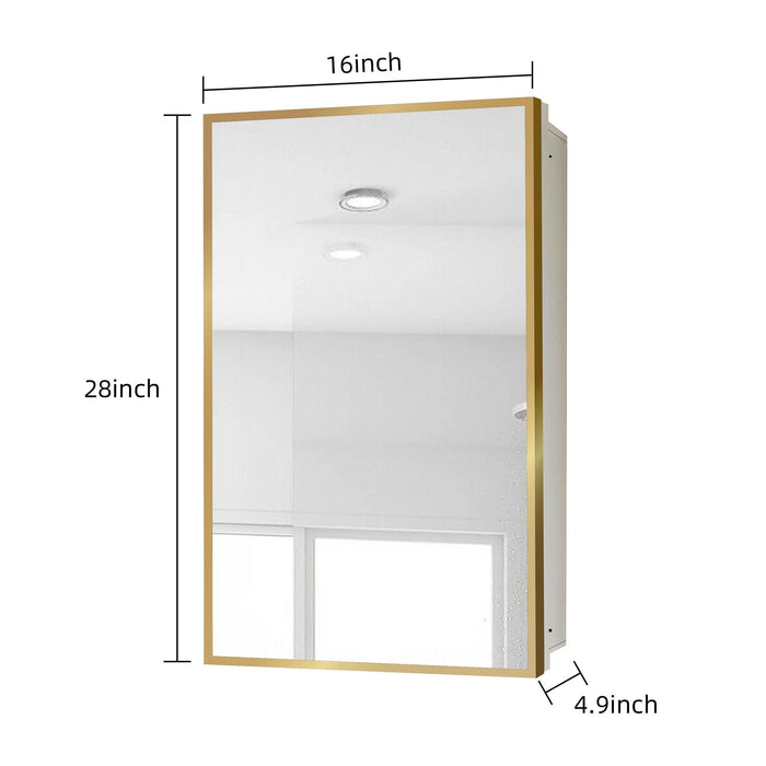 16 in. W x 28 in. H Rectangular Gold and White Iron and Aluminum Recessed/Surface Mount Medicine Cabinet with Mirror - ParrotUncle