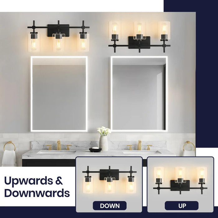 Lámpara de tocador de baño moderna Jasper de 3 luces de vidrio transparente, negra y níquel
