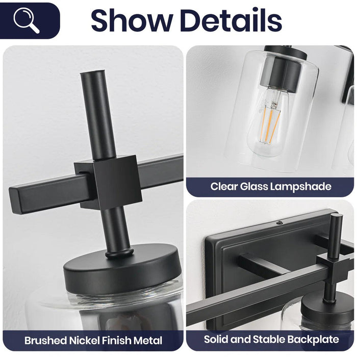 Lámpara de tocador de baño moderna Jasper de 3 luces de vidrio transparente, negra y níquel