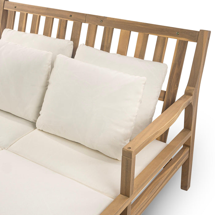 Cama de día para exterior, cama de día para patio con cuatro almohadas, cama de madera para exterior con reposabrazos curvos para piscina, patio y jardín.