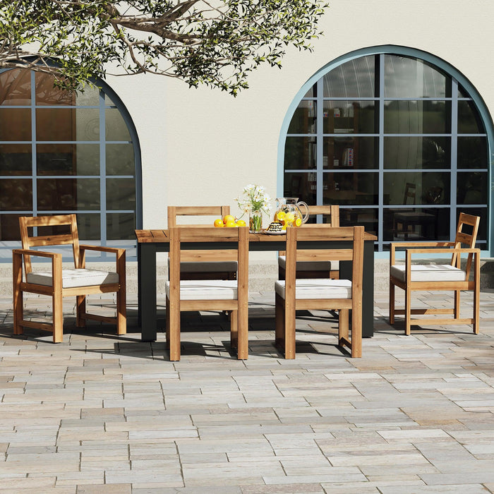 7-Piece Outdoor Patio Table and Chairs Set, Wood Dining Table Set for 6 with Umbrella Hole, 2 Armchairs & 4 Side Chairs for Garden, Backyard, Poolside