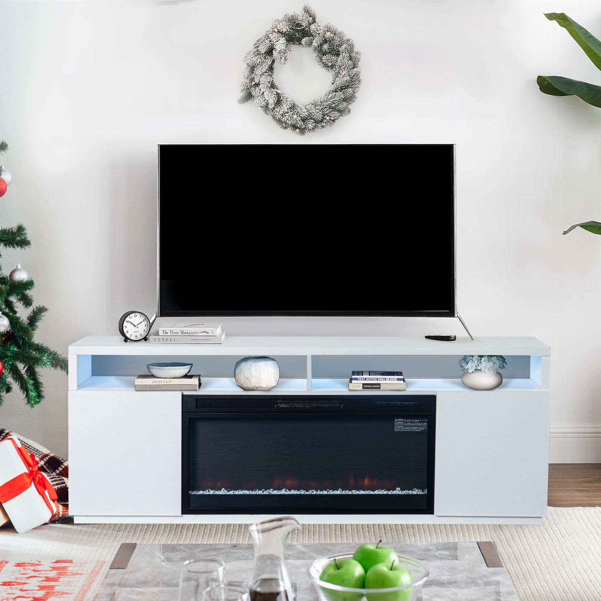 Moderno soporte para TV LED de 68" con chimenea eléctrica de 36" para sala de estar, en blanco o negro.