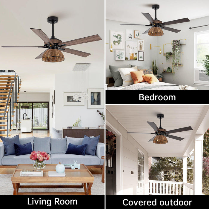 52" Kerala Farmhouse Downrod Mount Reversible Ceiling Fan with Lighting and Remote Control