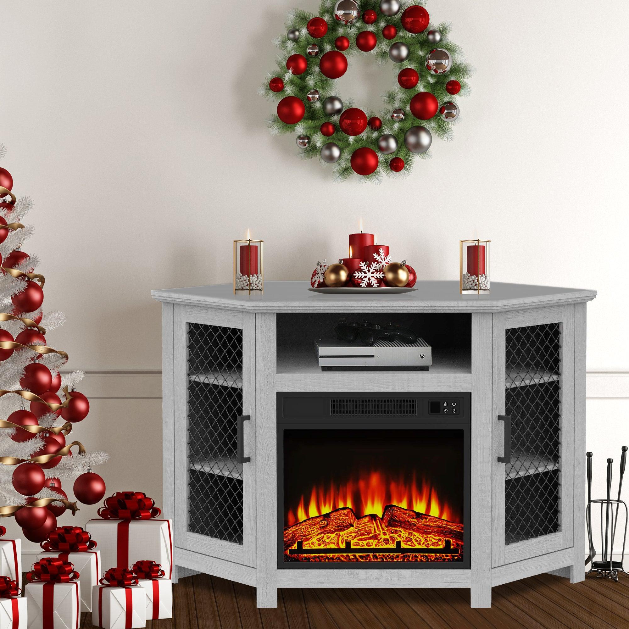 45" Corner Electric Fireplace TV Stands Console Table with 2 Metal Mesh Doors