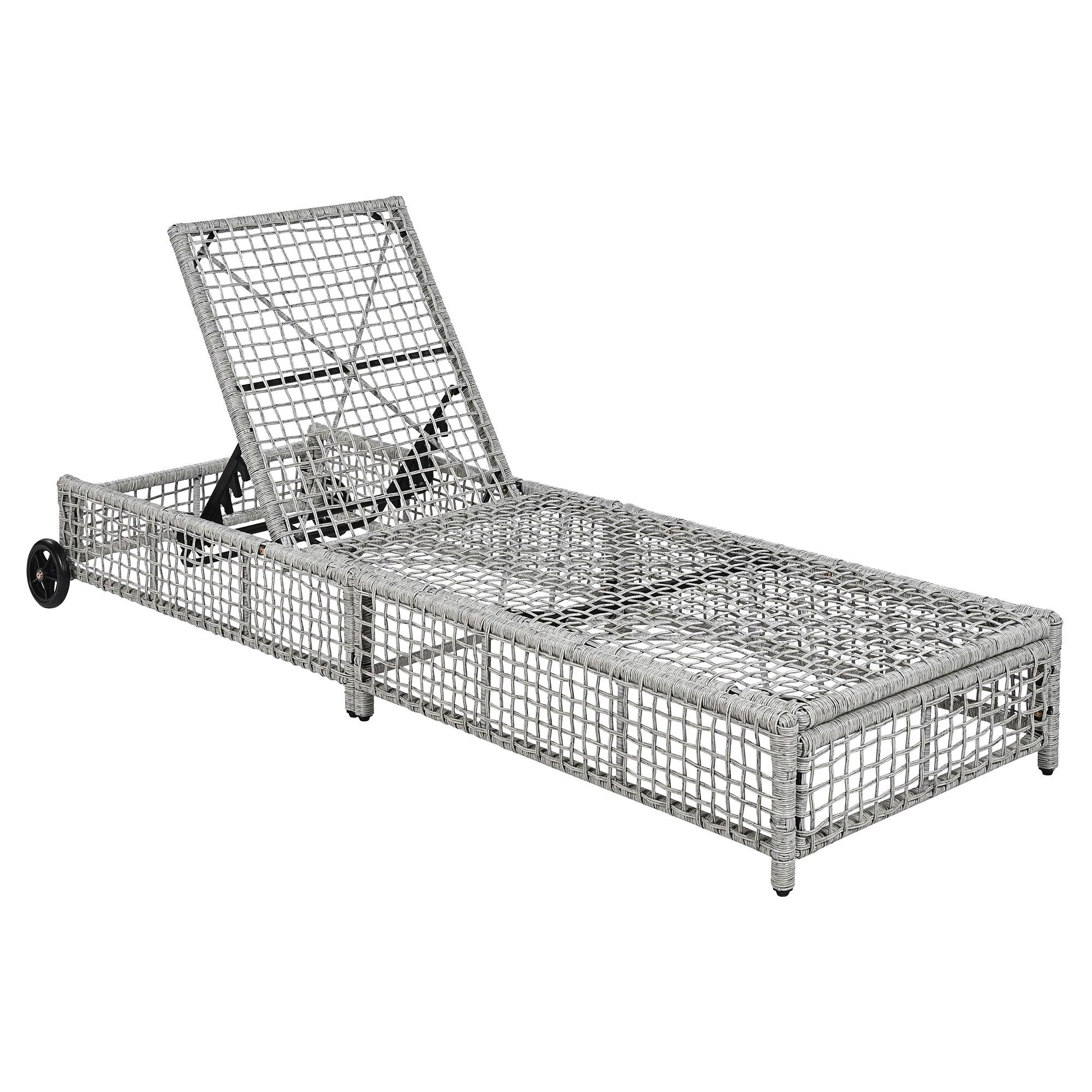 Sillón de exterior, tumbona de patio con respaldo de 5 posiciones, sillón de ratán con cojín y ruedas para piscina, patio y jardín.