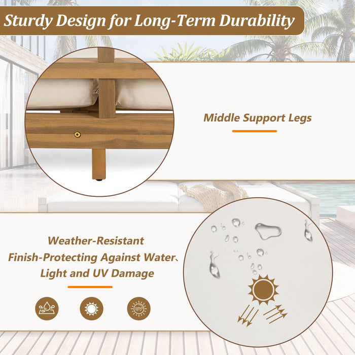 Cama de día para exterior, cama de día para patio con cuatro almohadas, cama de madera para exterior con reposabrazos curvos para piscina, patio y jardín.
