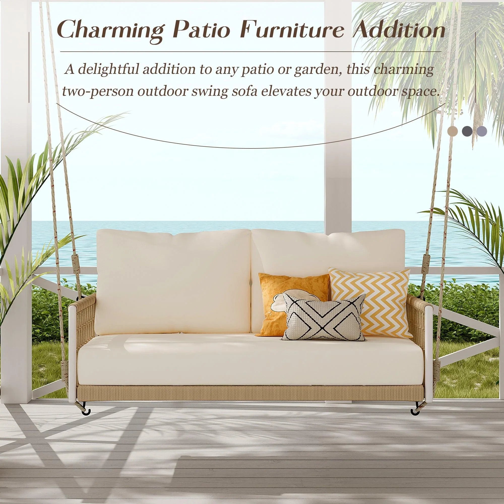 Sofá columpio de exterior de cuerda tejida de una pieza con cojines suaves, capacidad para 2 personas, para patio, jardín y balcón.