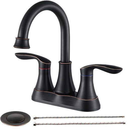 2-Handle 4-Inch Oil Rubbed Bronze Bathroom Vanity Sink Faucets with Pop-up Drain and Supply Hoses - ParrotUncle