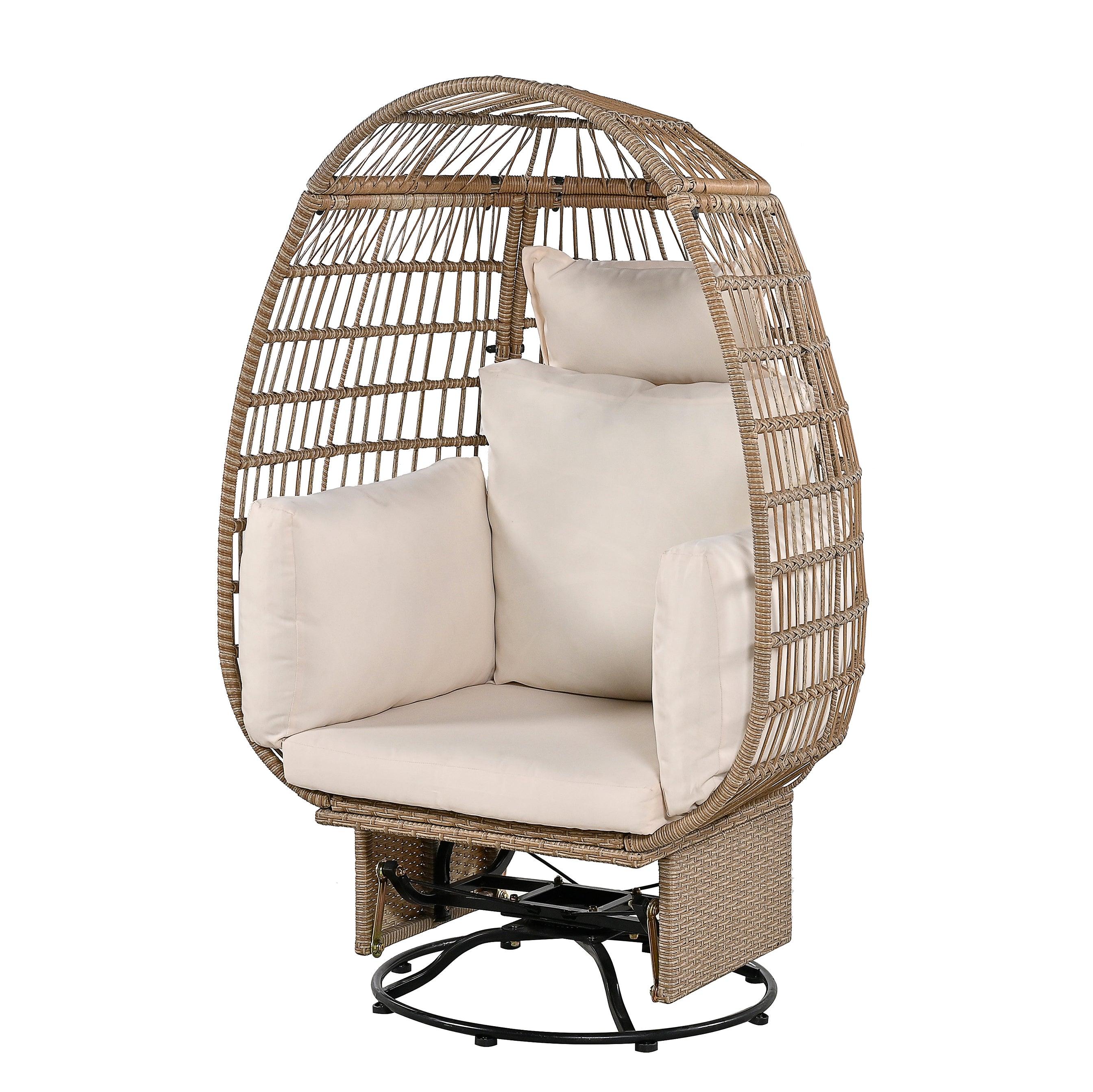 Silla giratoria de exterior con cojines, silla de ratán con forma de huevo y función de balanceo para balcón, piscina y jardín.