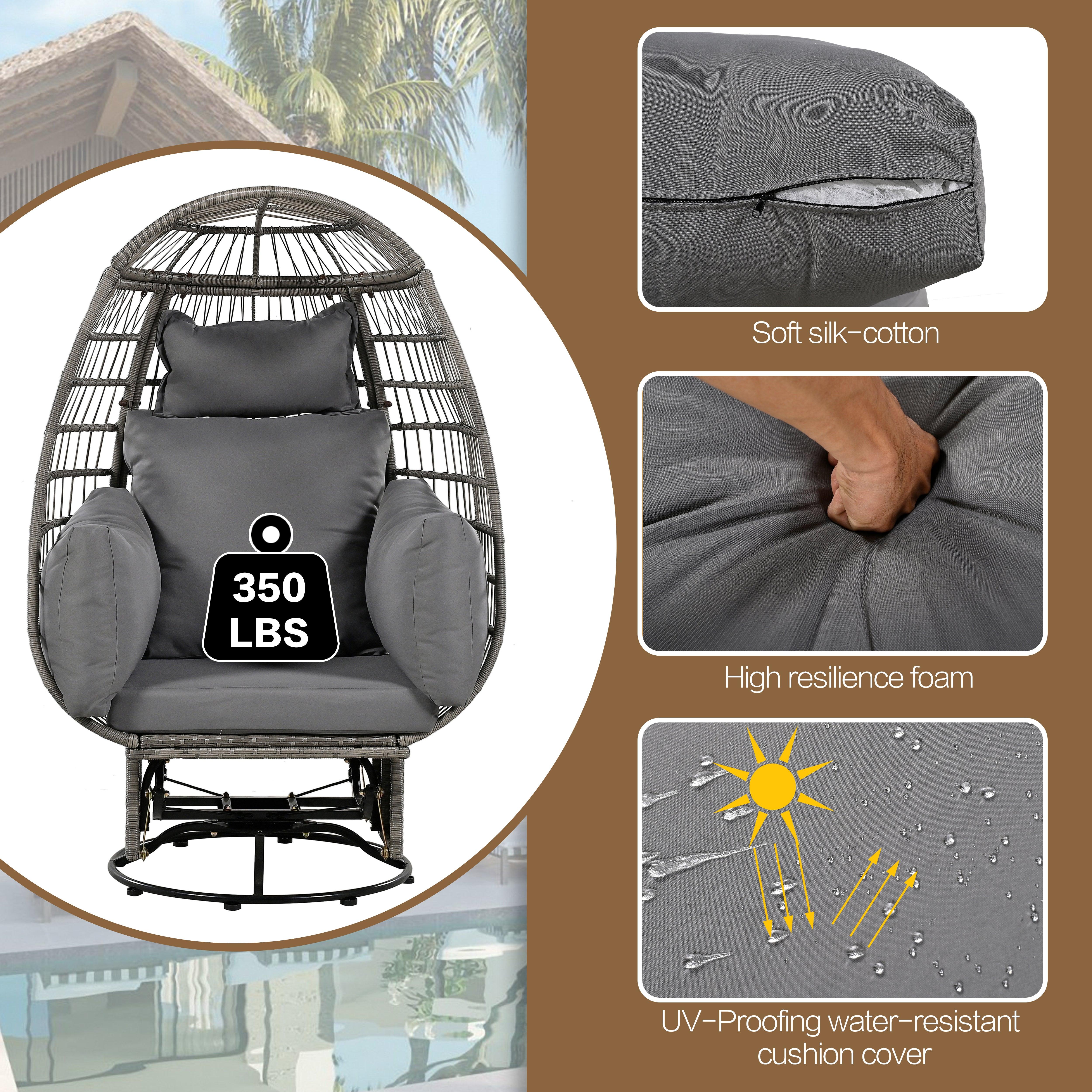 Silla giratoria de exterior con cojines, silla de ratán con forma de huevo y función de balanceo para balcón, piscina y jardín.