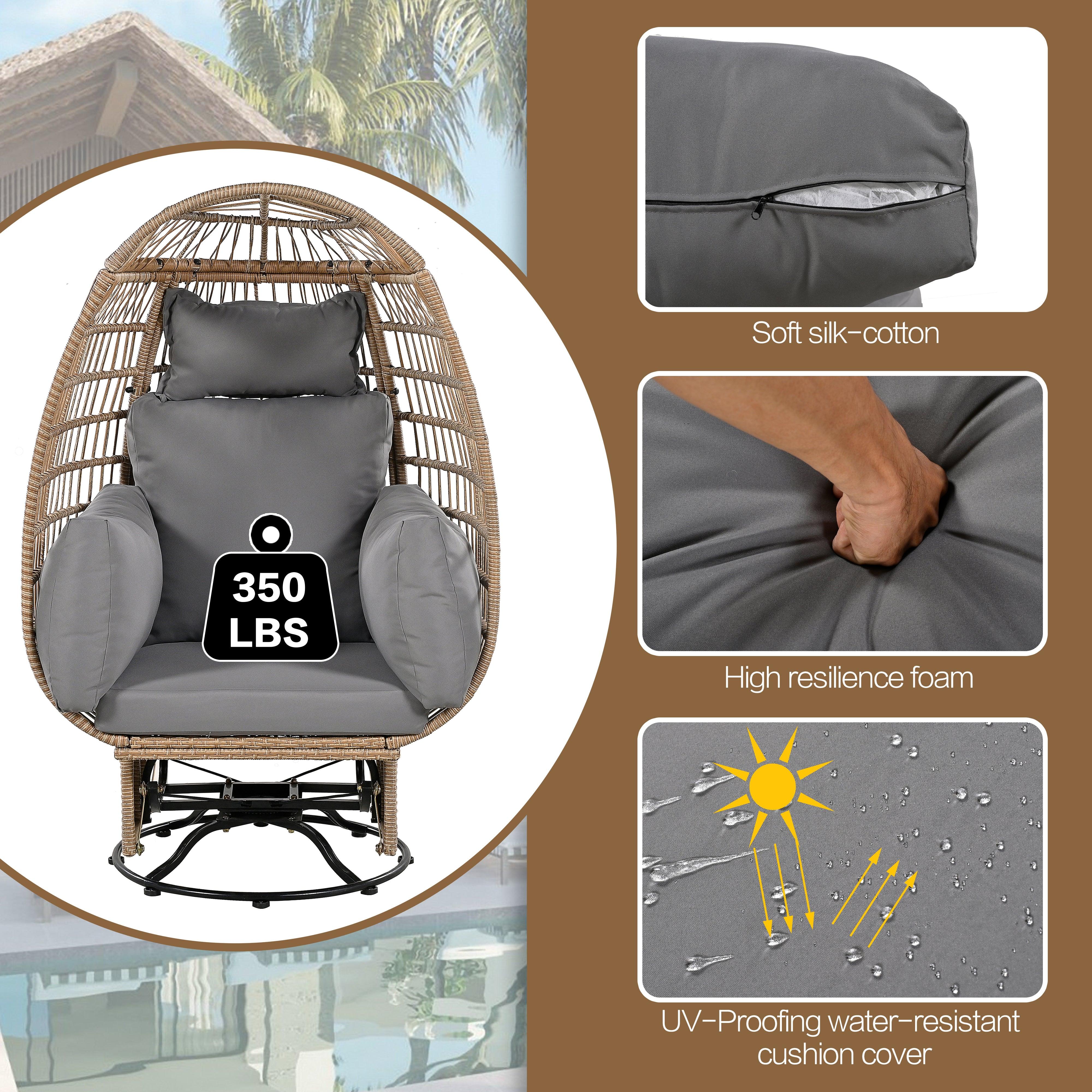 Silla giratoria de exterior con cojines, silla de ratán con forma de huevo y función de balanceo para balcón, piscina y jardín.