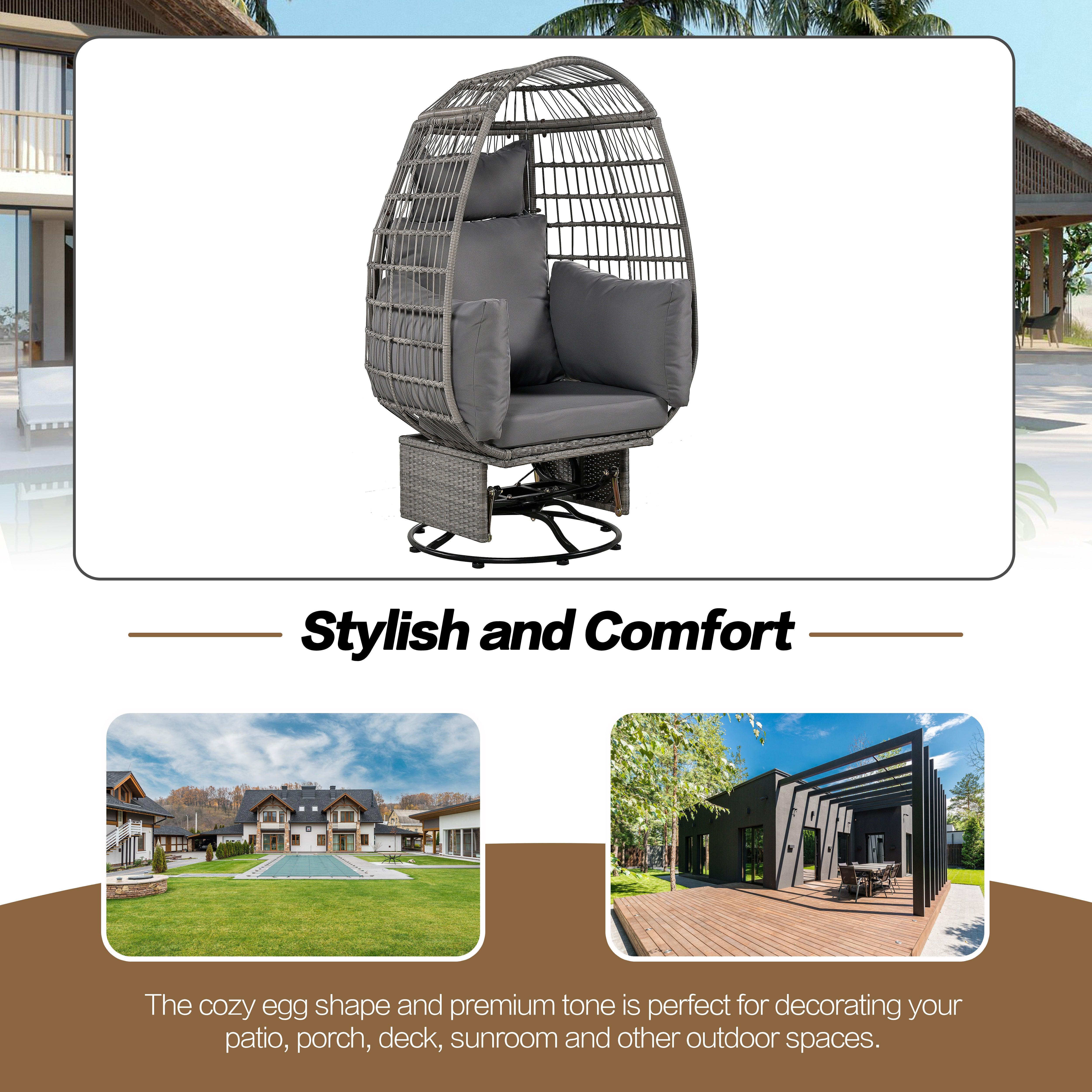 Silla giratoria de exterior con cojines, silla de ratán con forma de huevo y función de balanceo para balcón, piscina y jardín.
