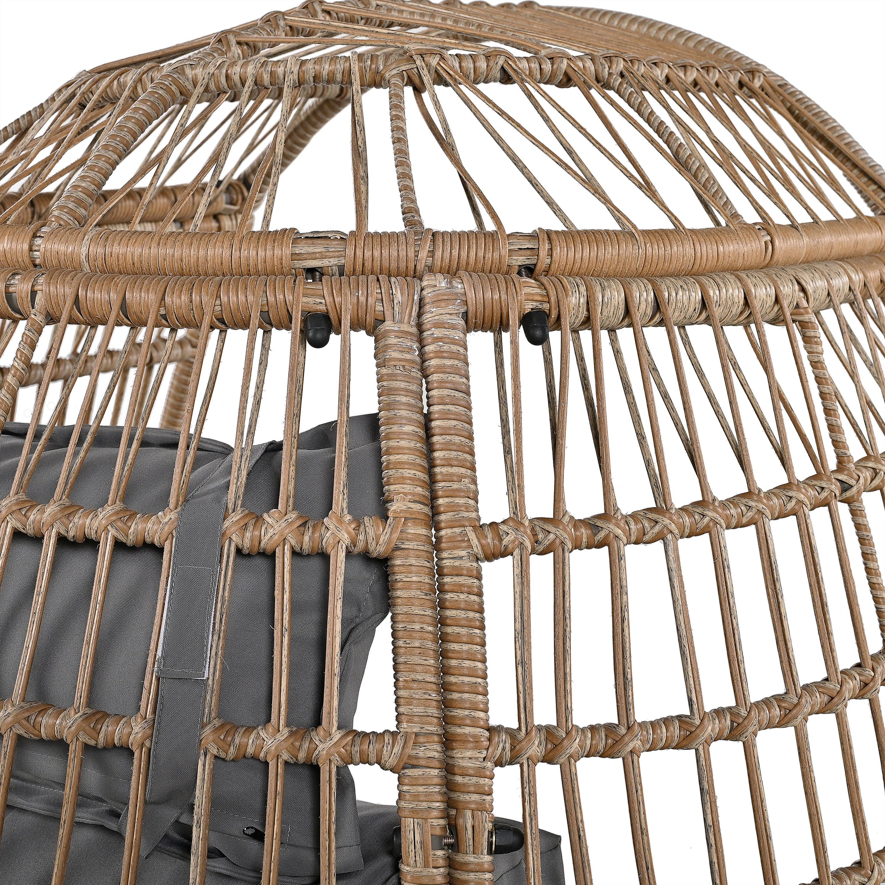 Silla giratoria de exterior con cojines, silla de ratán con forma de huevo y función de balanceo para balcón, piscina y jardín.