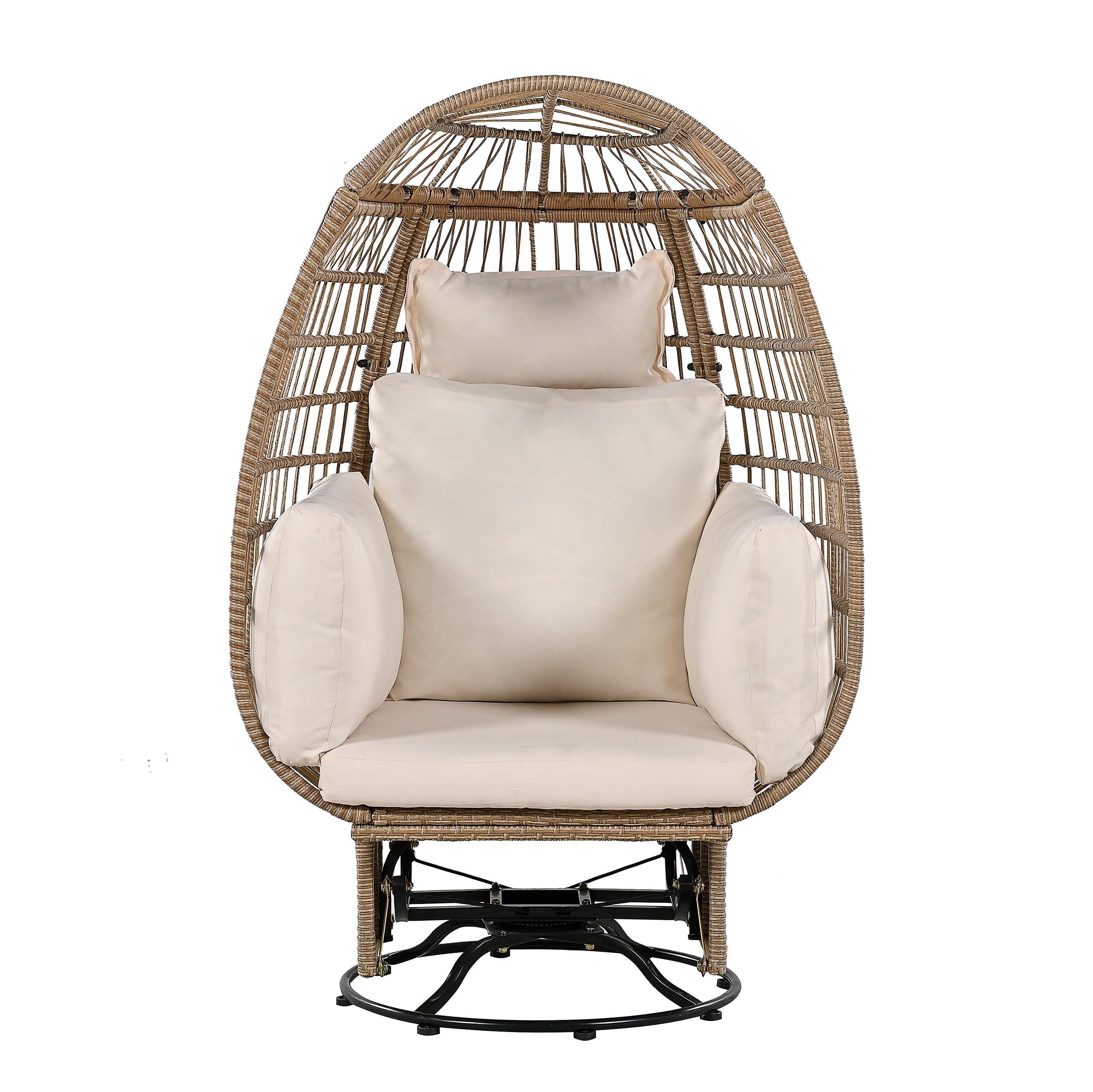 Silla giratoria de exterior con cojines, silla de ratán con forma de huevo y función de balanceo para balcón, piscina y jardín.
