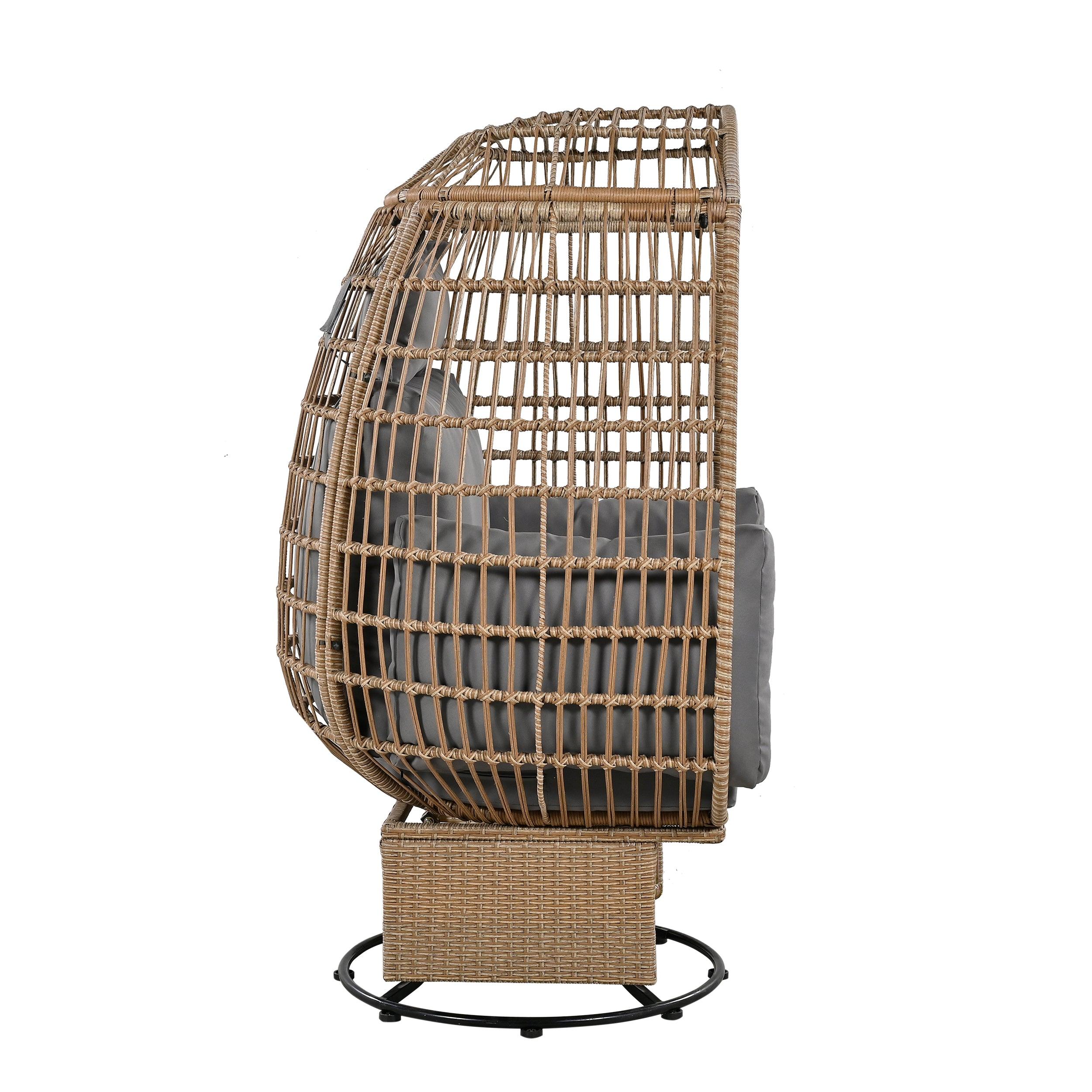 Silla giratoria de exterior con cojines, silla de ratán con forma de huevo y función de balanceo para balcón, piscina y jardín.