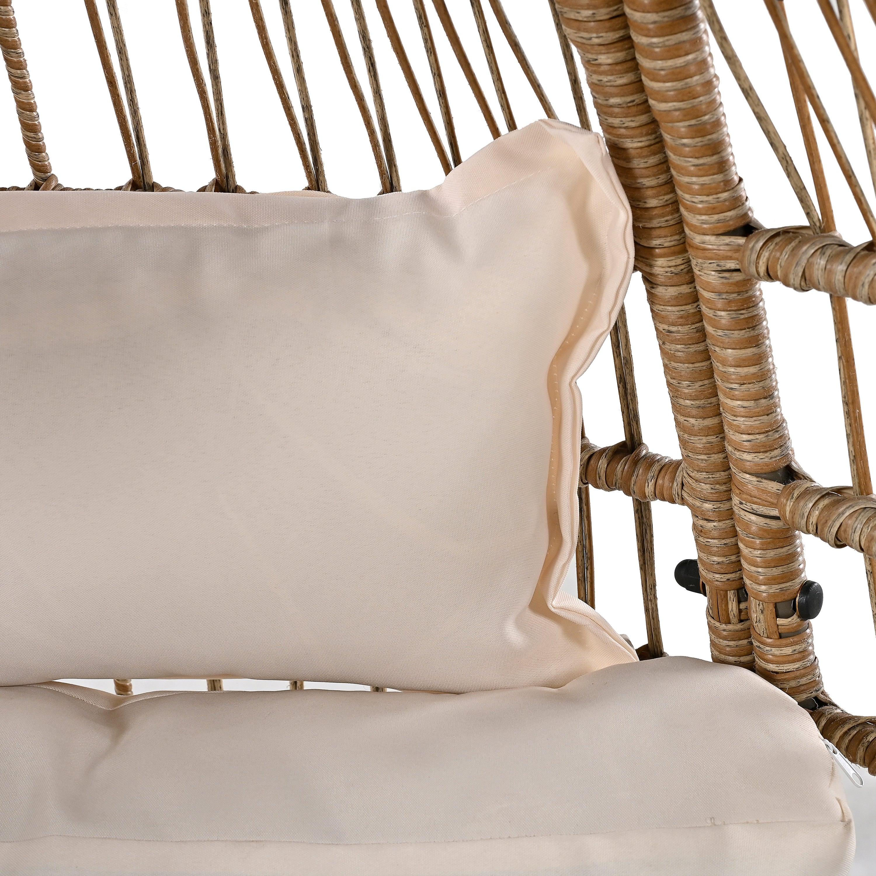 Silla giratoria de exterior con cojines, silla de ratán con forma de huevo y función de balanceo para balcón, piscina y jardín.