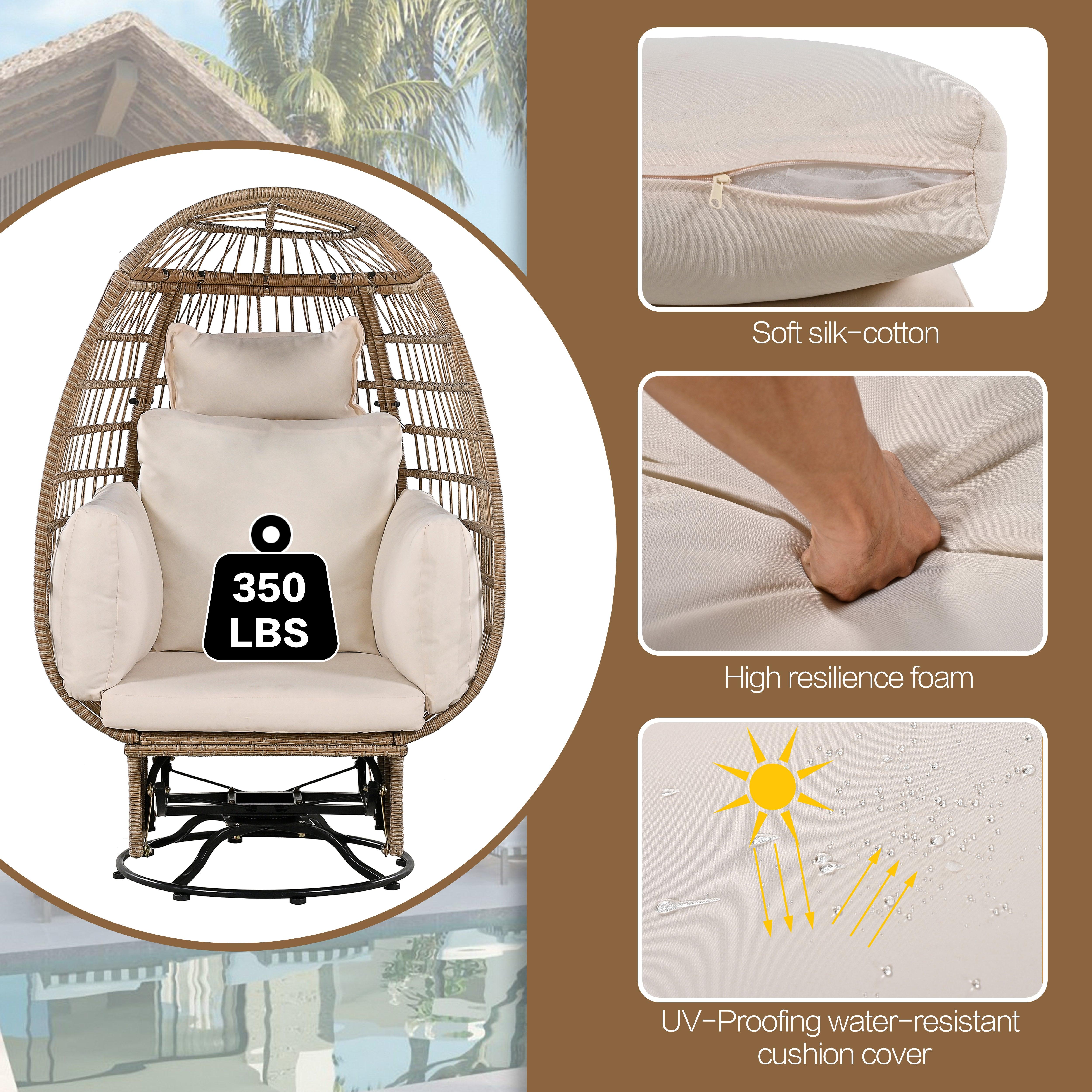 Silla giratoria de exterior con cojines, silla de ratán con forma de huevo y función de balanceo para balcón, piscina y jardín.