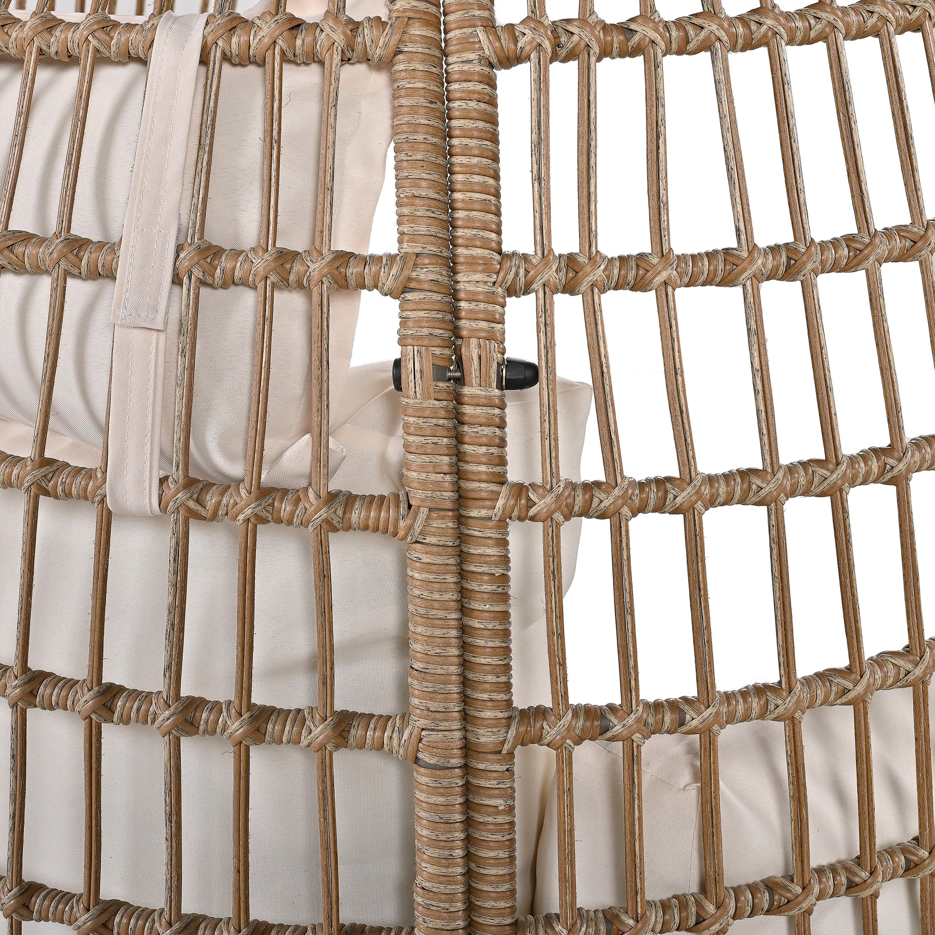 Silla giratoria de exterior con cojines, silla de ratán con forma de huevo y función de balanceo para balcón, piscina y jardín.