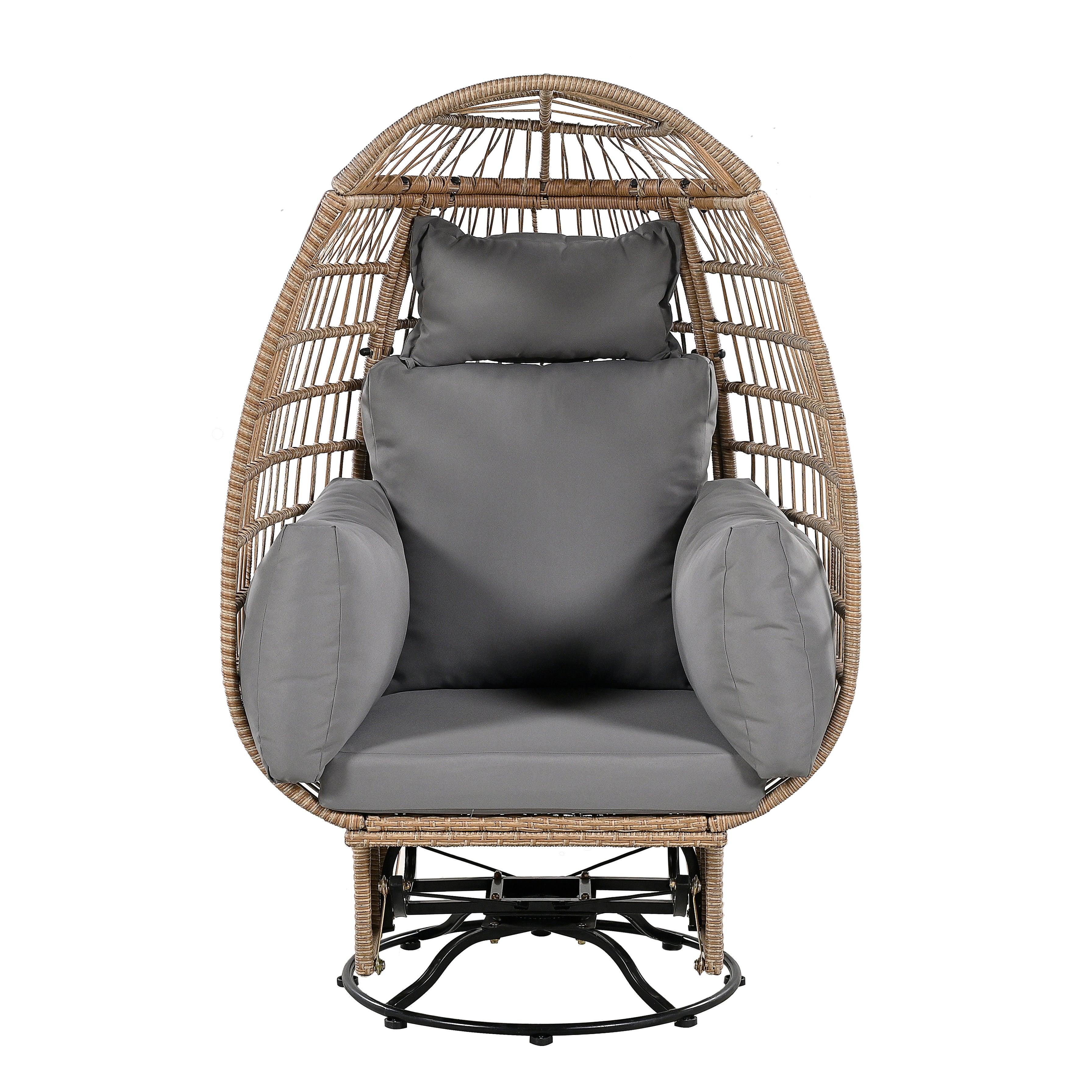 Silla giratoria de exterior con cojines, silla de ratán con forma de huevo y función de balanceo para balcón, piscina y jardín.
