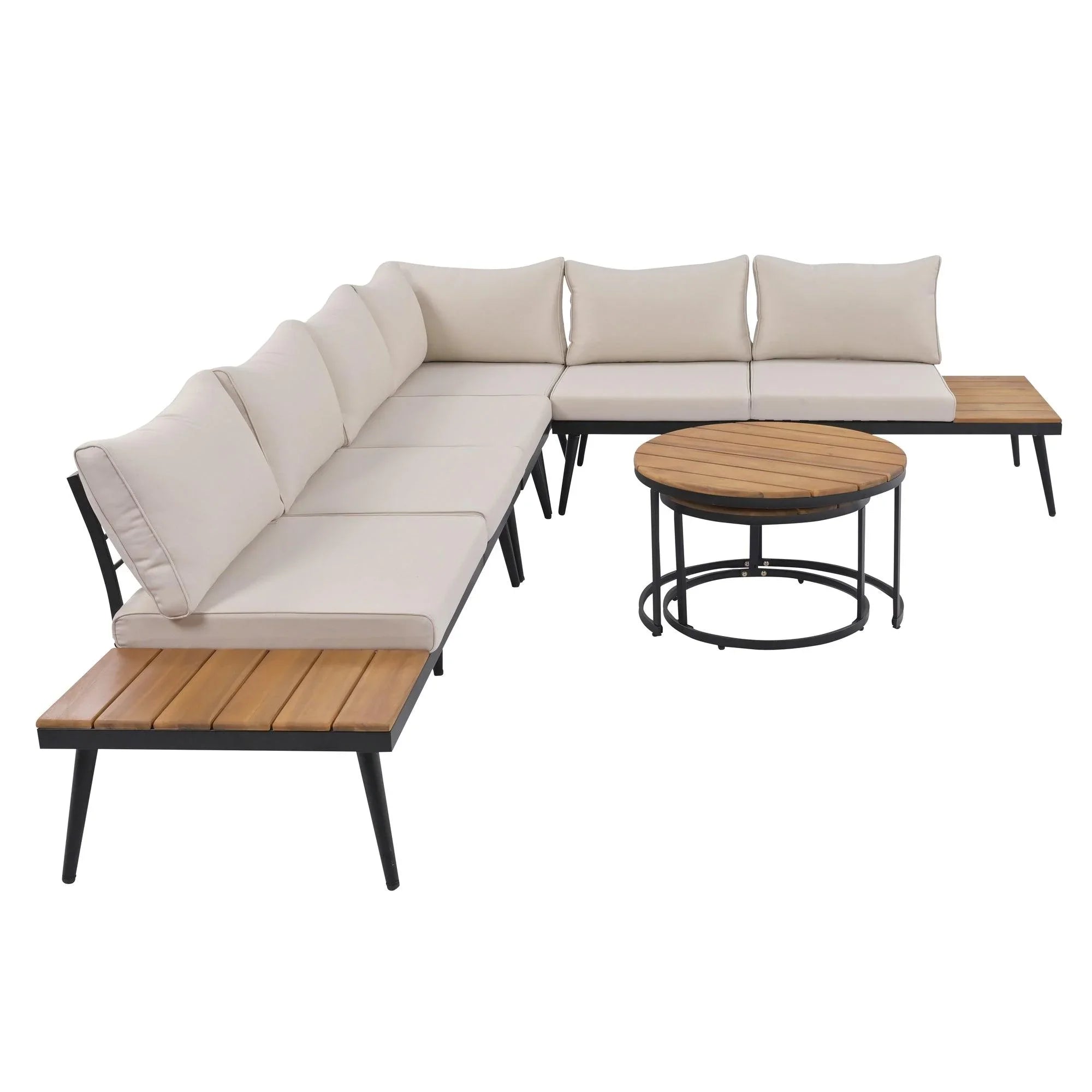 Conjunto de 6 sofás seccionales para exterior con mesas de centro redondas apilables y sofá con cojines para patio, porche y jardín.