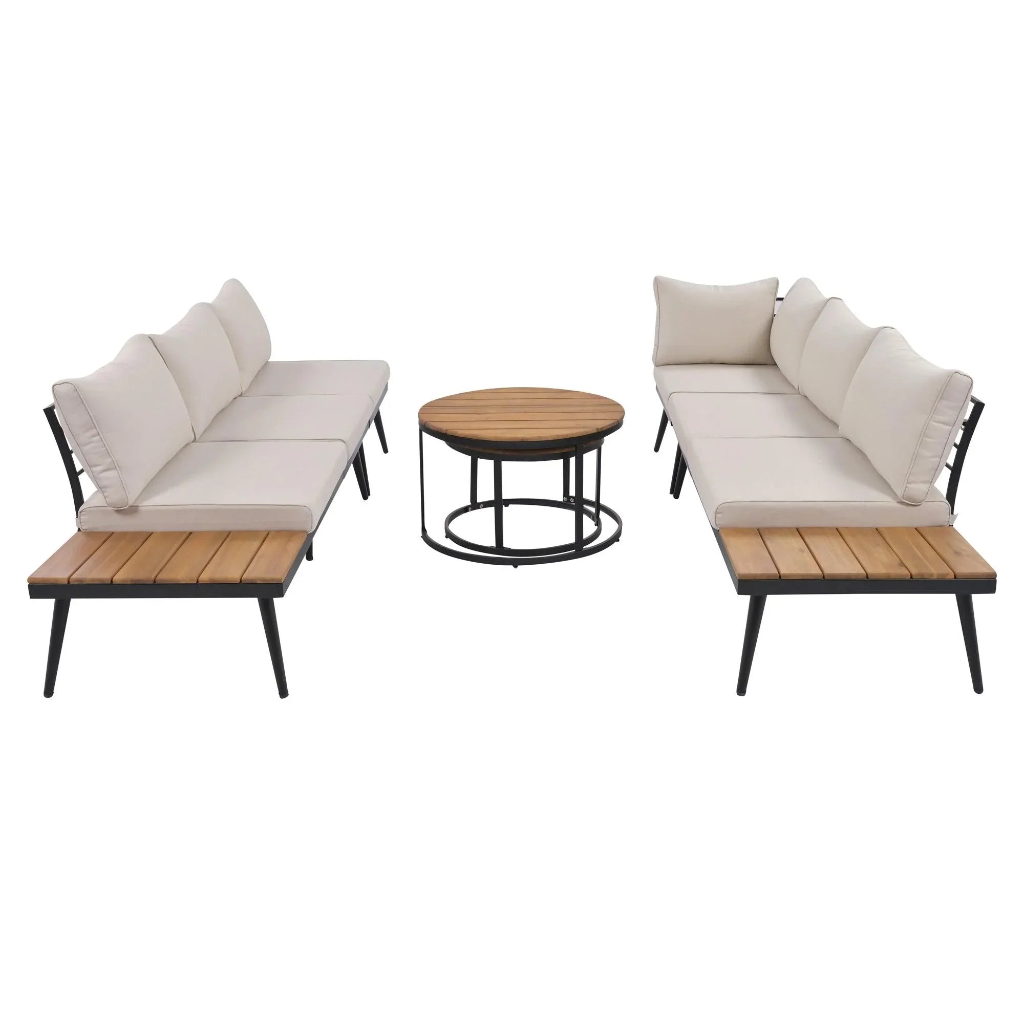 Conjunto de 6 sofás seccionales para exterior con mesas de centro redondas apilables y sofá con cojines para patio, porche y jardín.