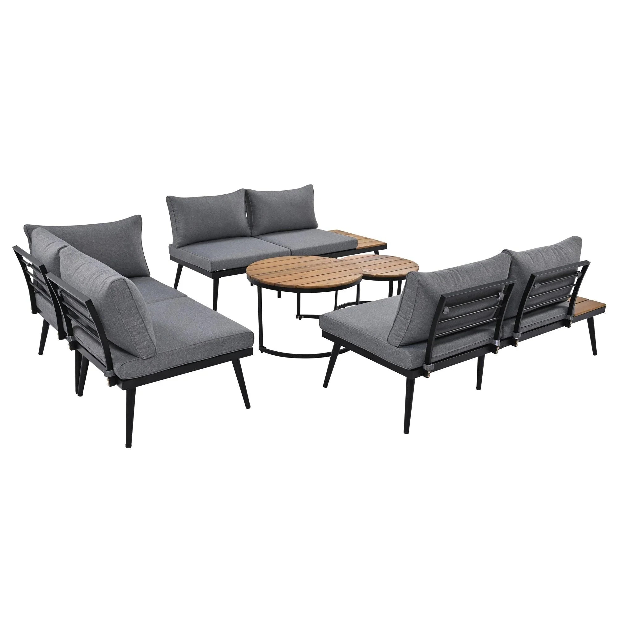 Conjunto de 6 sofás seccionales para exterior con mesas de centro redondas apilables y sofá con cojines para patio, porche y jardín.