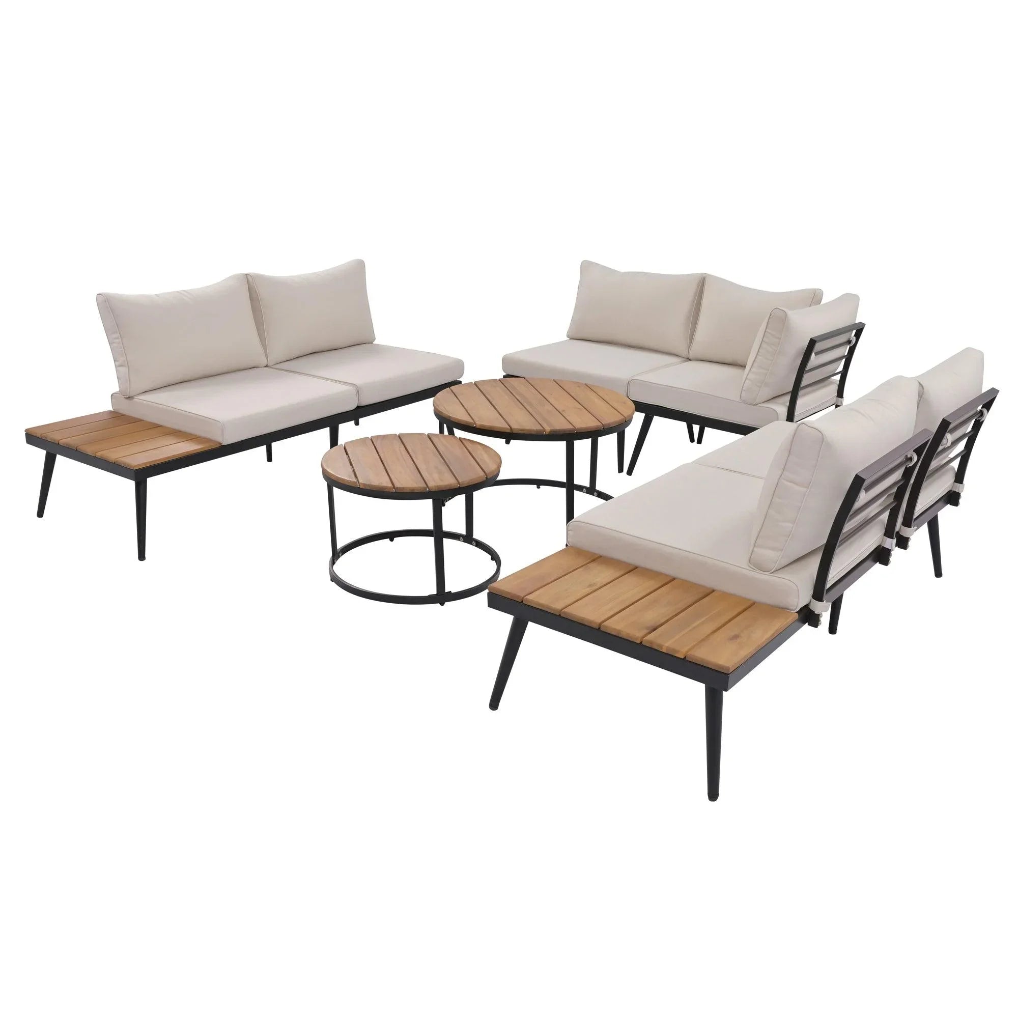 Conjunto de 6 sofás seccionales para exterior con mesas de centro redondas apilables y sofá con cojines para patio, porche y jardín.