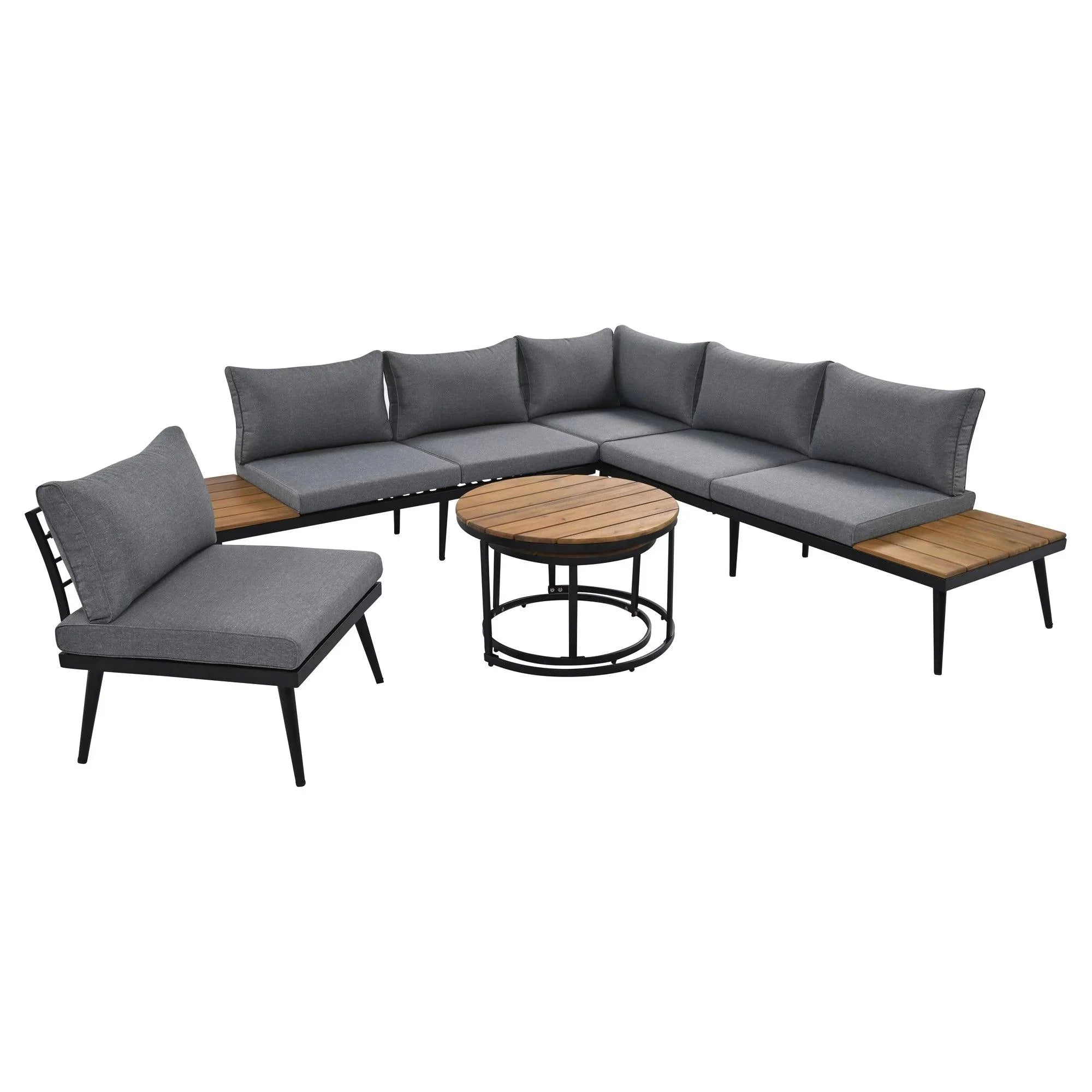 Conjunto de 6 sofás seccionales para exterior con mesas de centro redondas apilables y sofá con cojines para patio, porche y jardín.