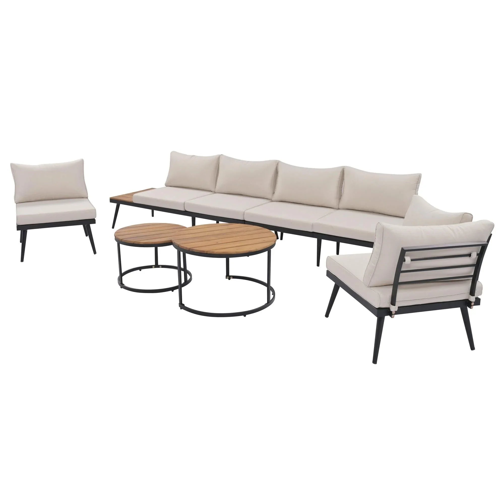 Conjunto de 6 sofás seccionales para exterior con mesas de centro redondas apilables y sofá con cojines para patio, porche y jardín.