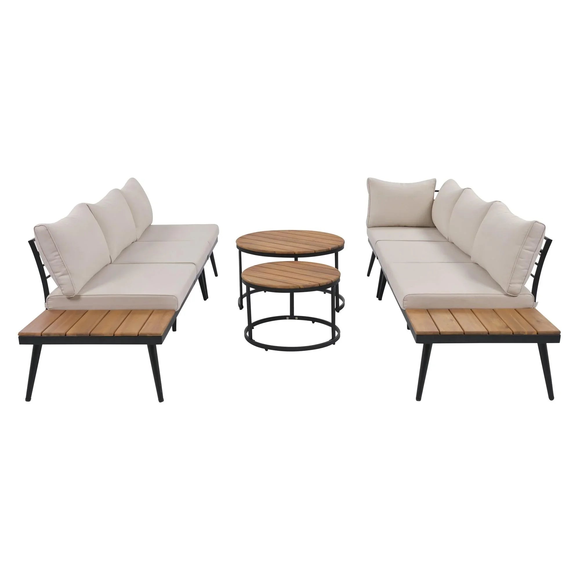 Conjunto de 6 sofás seccionales para exterior con mesas de centro redondas apilables y sofá con cojines para patio, porche y jardín.
