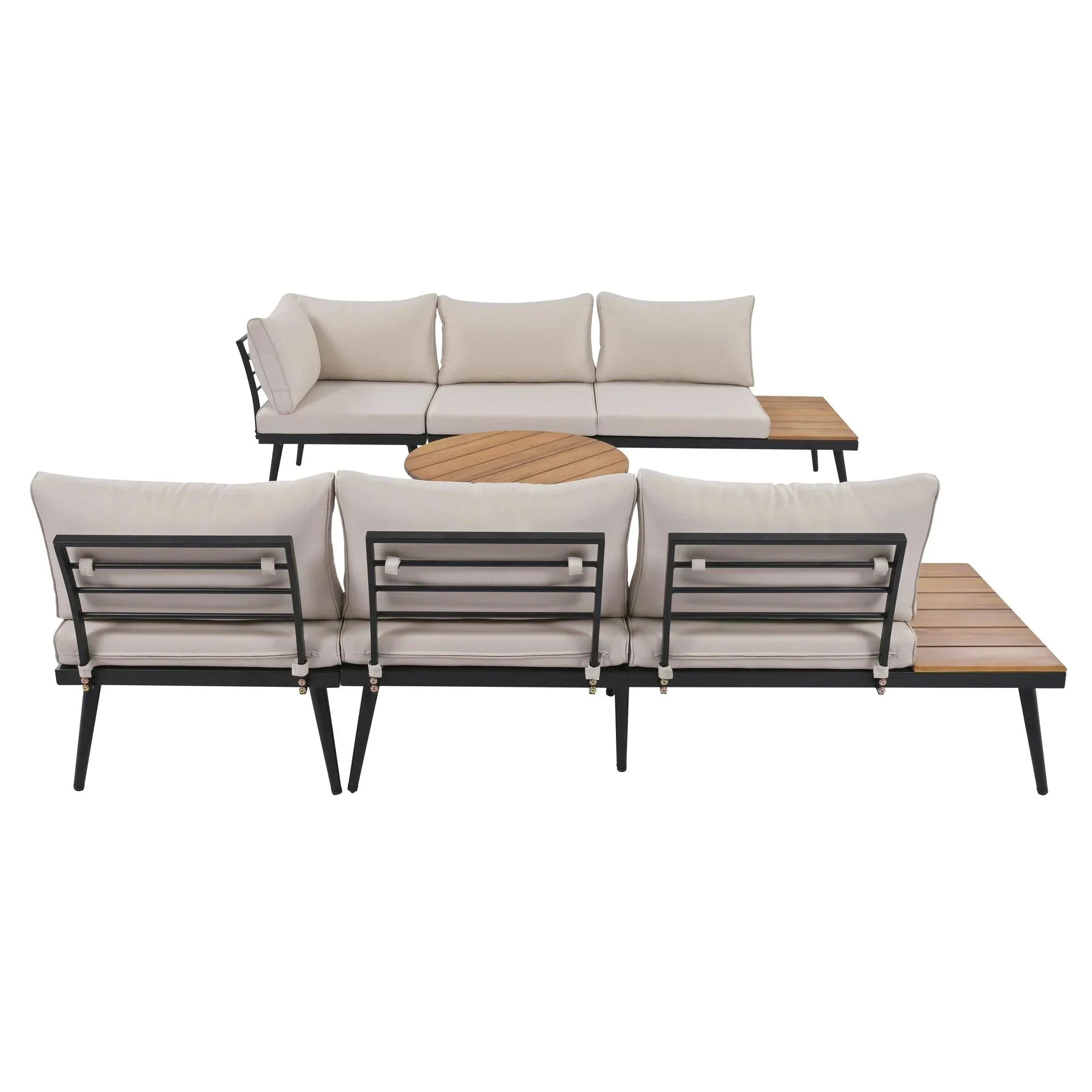 Conjunto de 6 sofás seccionales para exterior con mesas de centro redondas apilables y sofá con cojines para patio, porche y jardín.