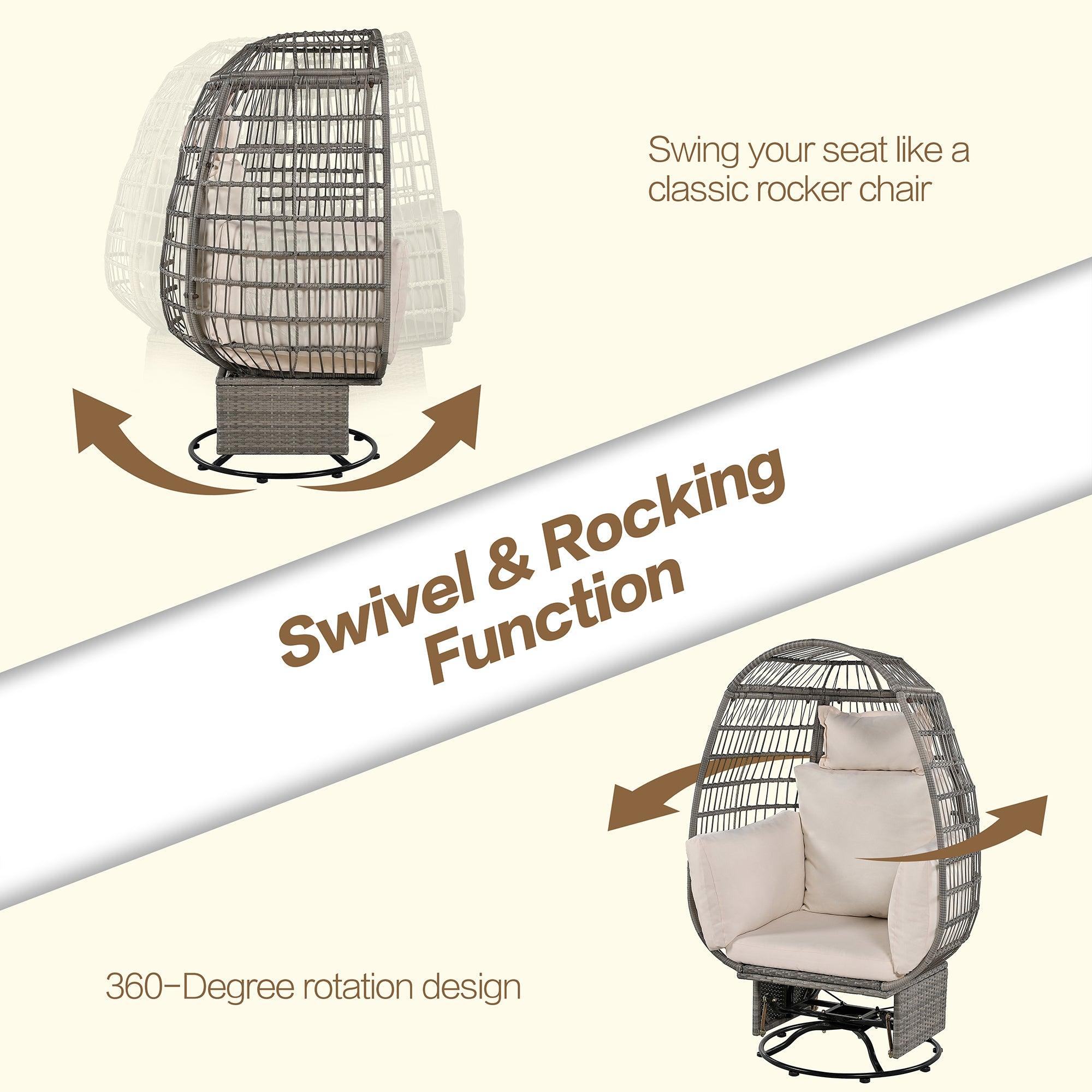 Silla giratoria de exterior con cojines, silla de ratán con forma de huevo y función de balanceo para balcón, piscina y jardín.