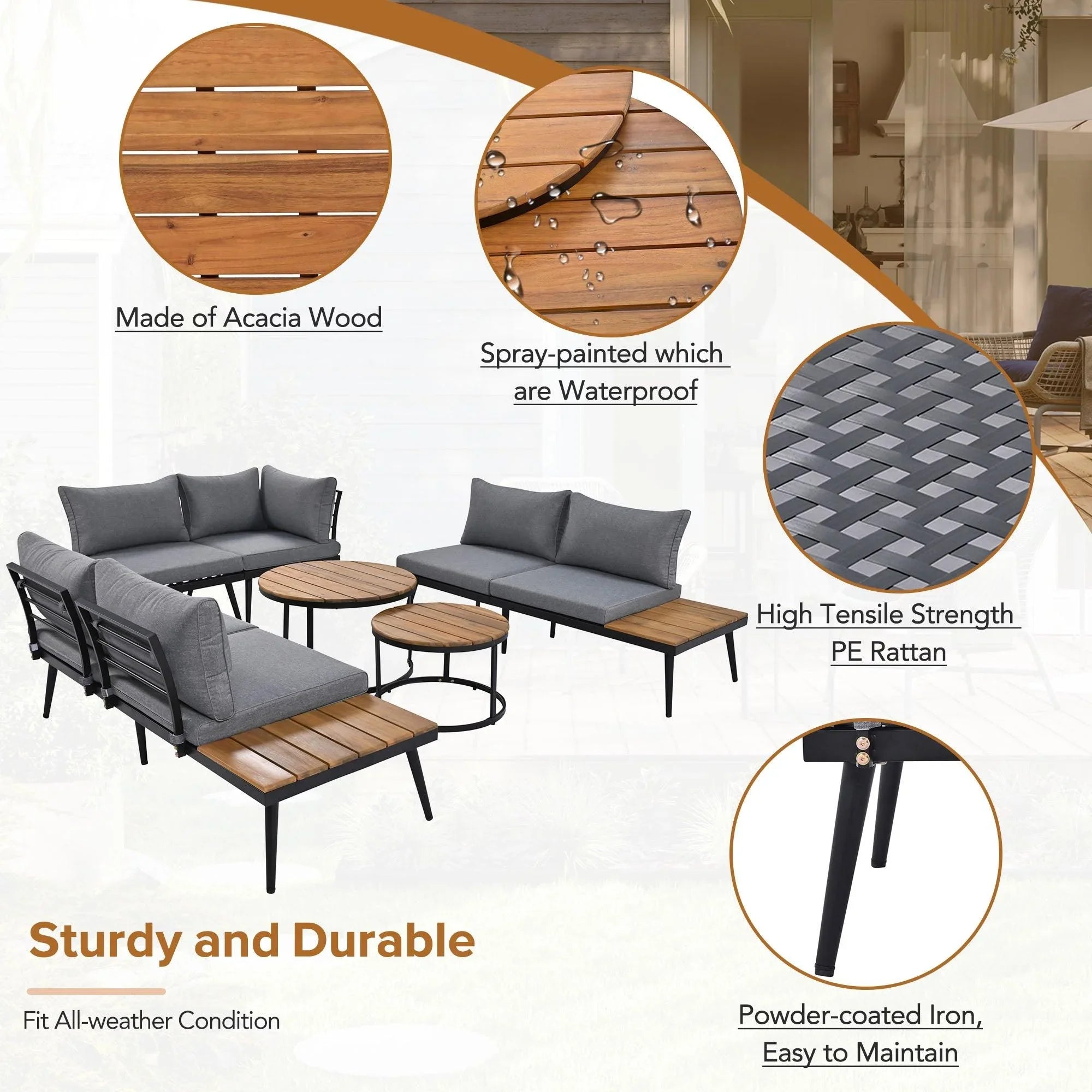 Conjunto de 6 sofás seccionales para exterior con mesas de centro redondas apilables y sofá con cojines para patio, porche y jardín.